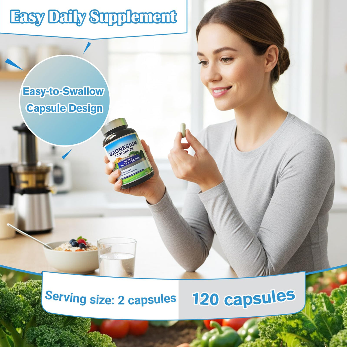 Magnesium Glycinate 500mg with Vitamin D3 – High Absorption Magnesium Supplement with Veggies Design – Supports Bone & Muscle Function and Energy – Non-GMO, Gluten-Free – 120 Veg Capsules FrexNutri