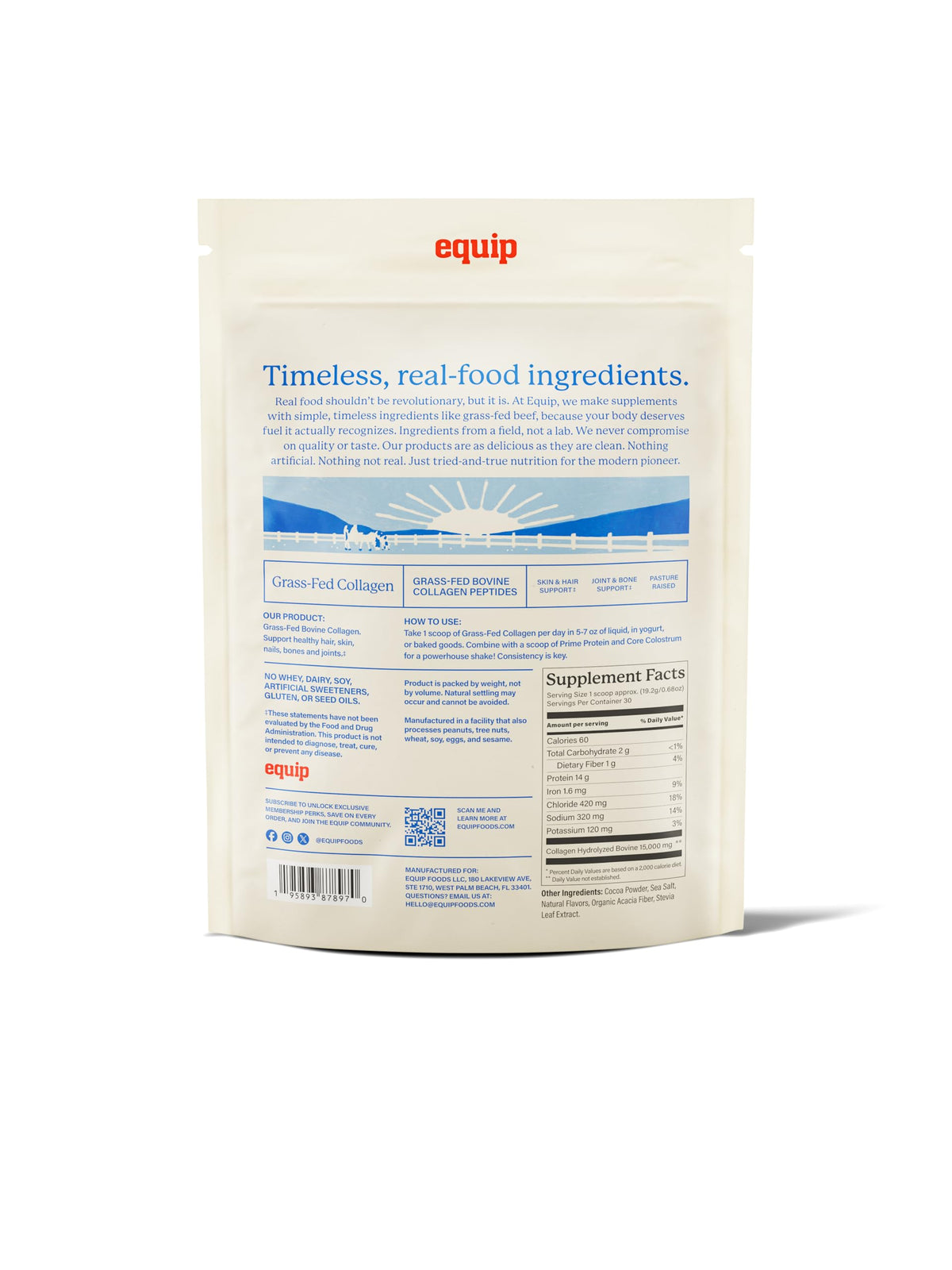 Equip Foods Grass Fed Collagen Powder | Hydrolyzed Bovine Collagen Peptides with Amino Acids | Prime Beef Collagen for Healthy Joints, Skin & Nails | Non-GMO, Paleo Friendly | 30 Servings, Chocolate Equip