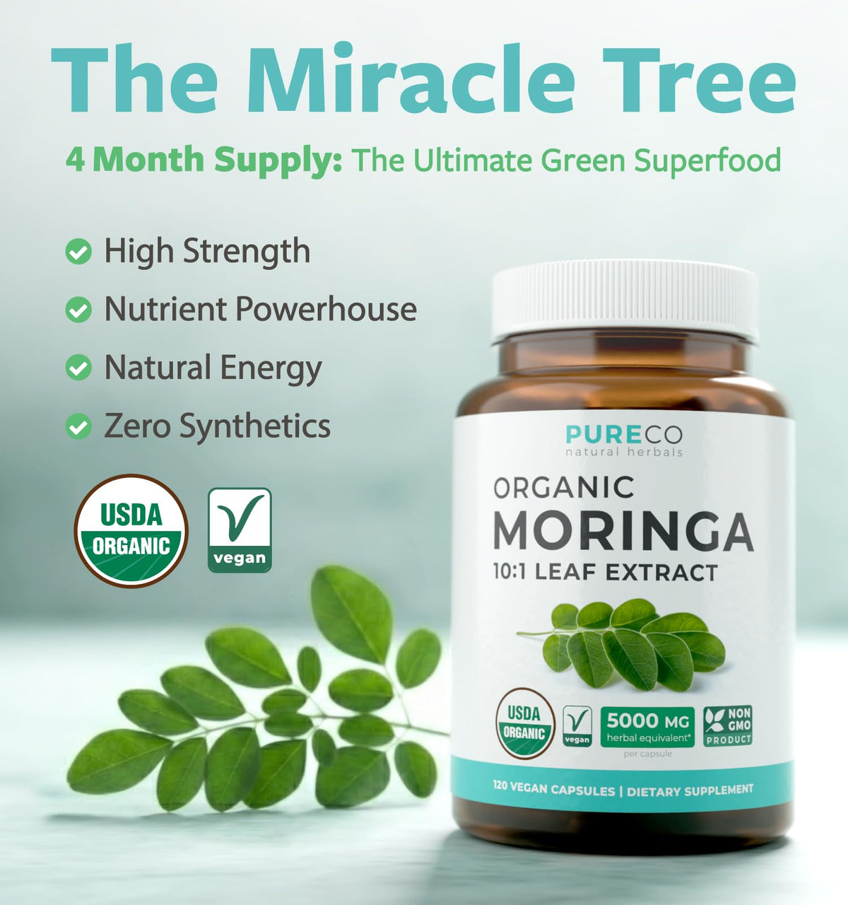 USDA Organic Moringa Capsules - High Potency Organic Moringa 500mg Extract 10:1 Per 1 Capsule Serving - Nutrient Dense Green Superfood Antioxidant PURE CO