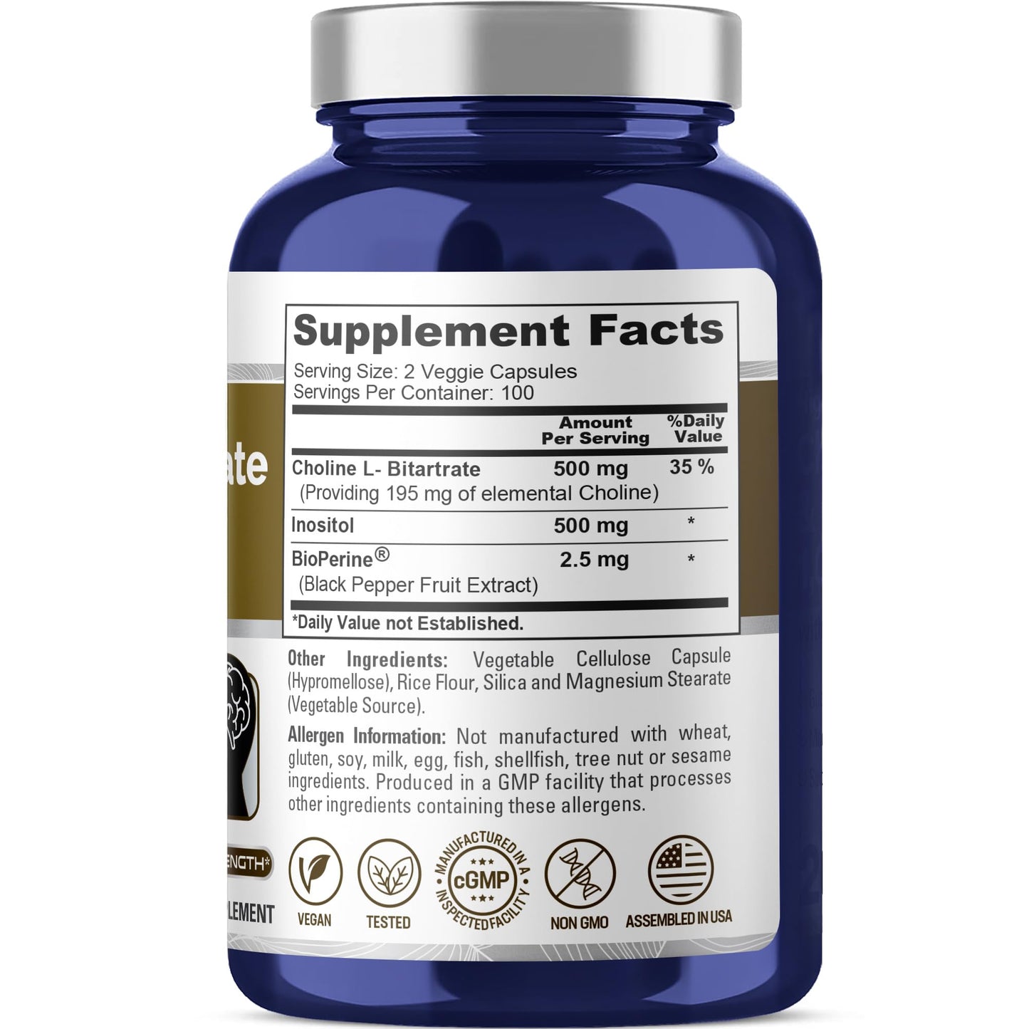 NusaPure Choline & Inositol - Suitable for Vegetarian/Vegan, Non - GMO - 1000mg - 200 Veggie Capsules NusaPure
