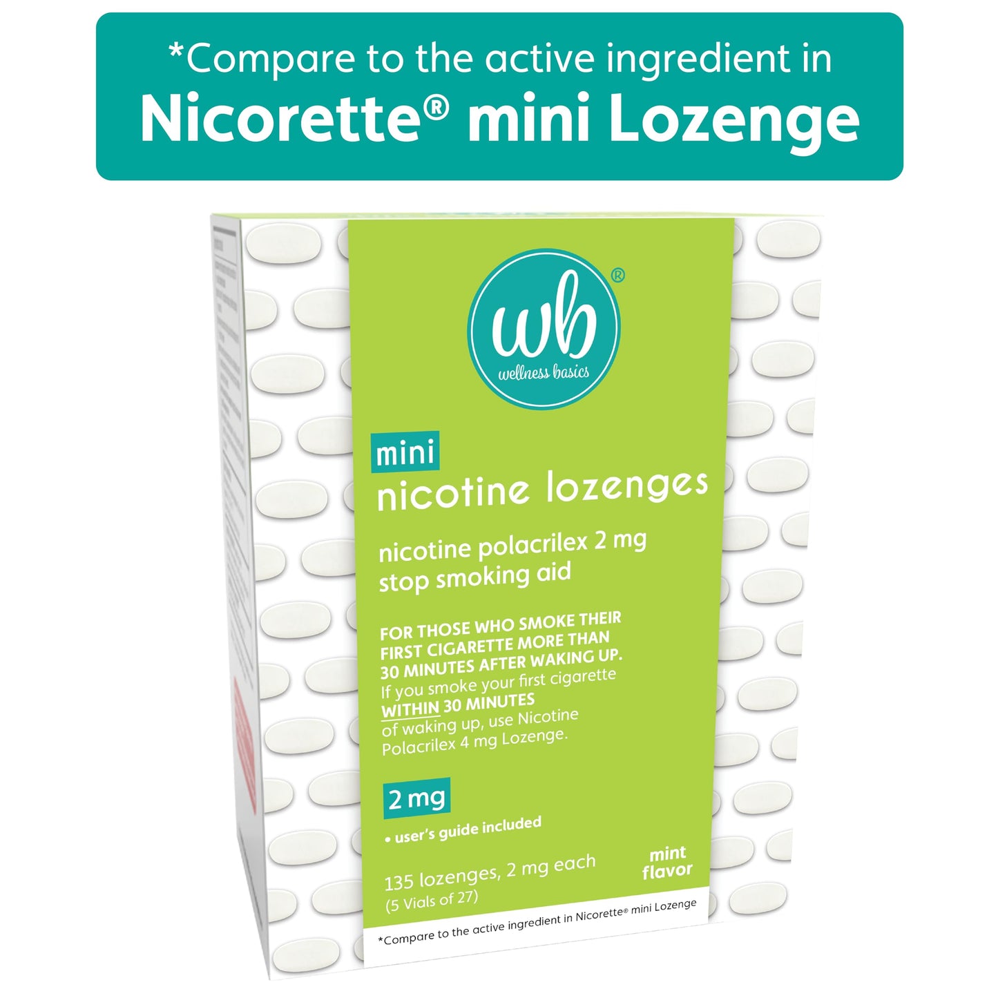 Wellness Basics Mini Nicotine Lozenge 2mg | Stop Smoking Aid | Mint Flavor | 135 Count | Pack of 5 Vials | Reduces Cravings & Withdrawal Symptoms Wellness Basics