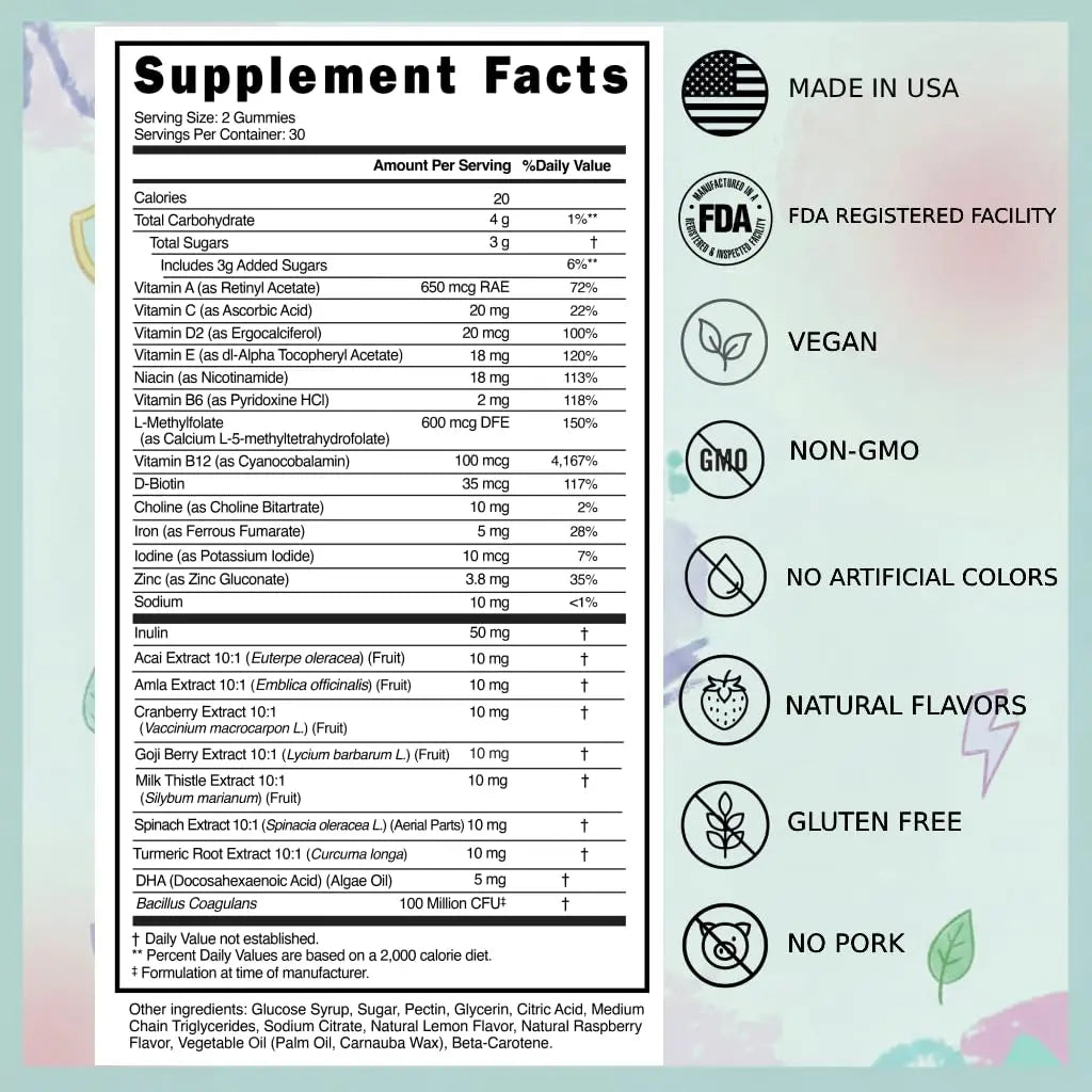 Everher Multivitamin Gummies | Essential Vitamins, Minerals & Herbs | Immune Support, Energy & Focus | with DHA Algae Oil & Probiotics | Everher
