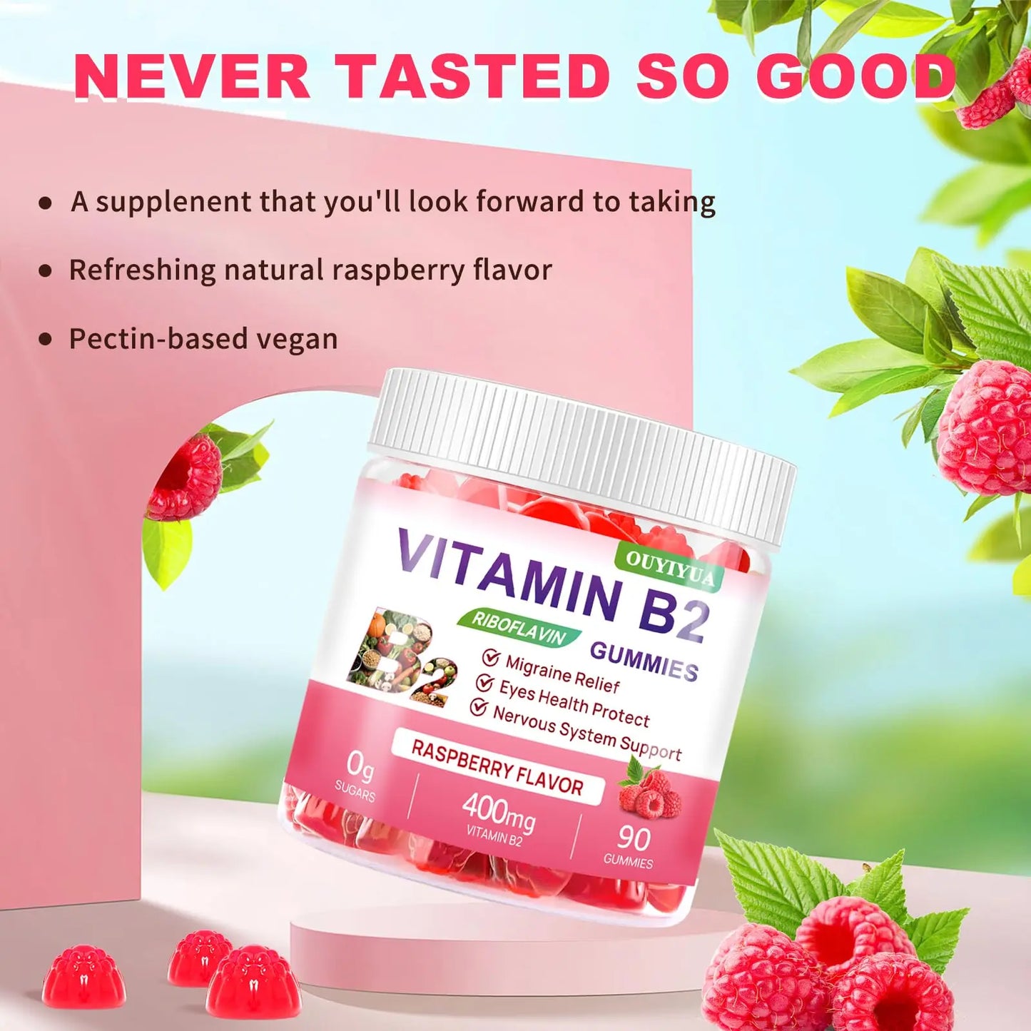 Vitamin B2 Gummies Riboflavin 400mg Supplement with Magnesium for Kids & Adults B2 Gummies for Migraine Relief, Headache Relief & Nervous System Support OUYIYUA