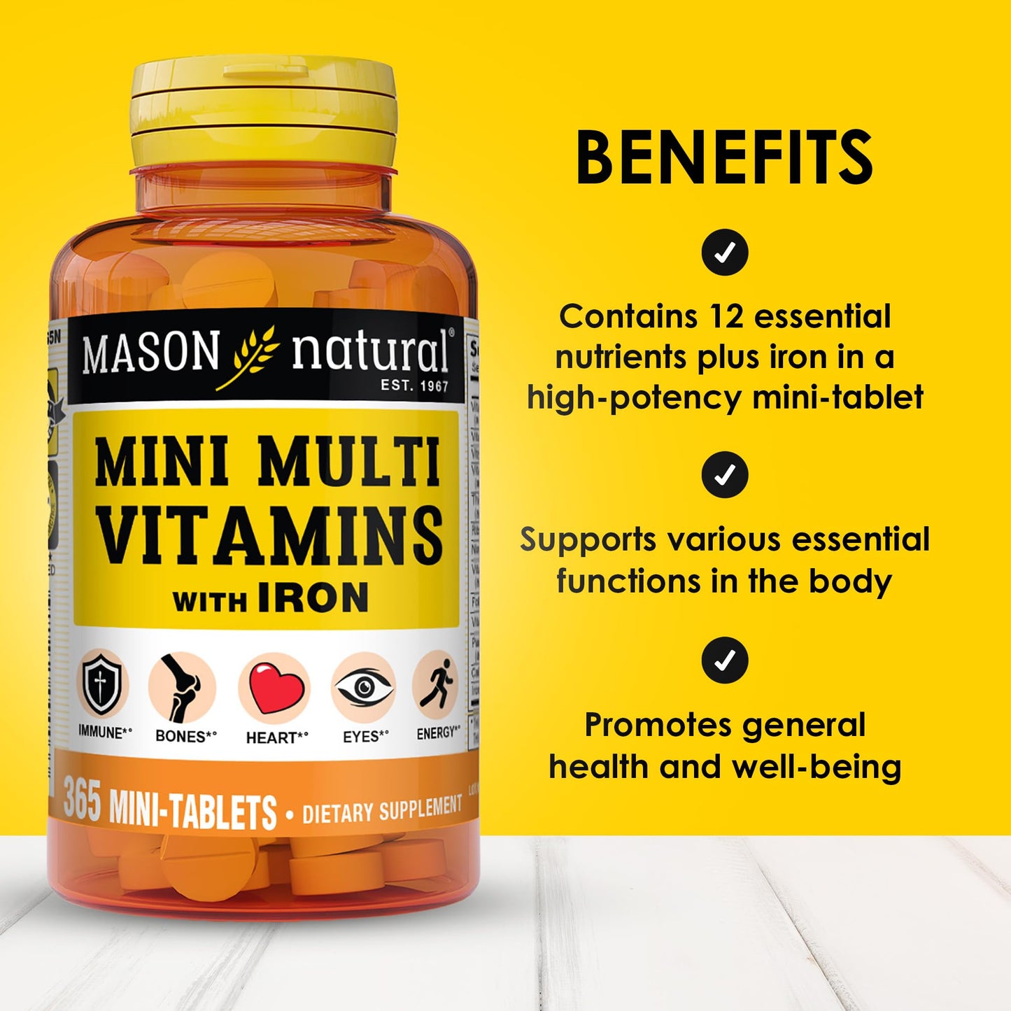 MASON NATURAL Mini Multi Vitamins with Iron, Vitamins A, C, D, E, B1, B2, B3, B6, B12, Folate and Calcium for Overall Health MASON NATURAL