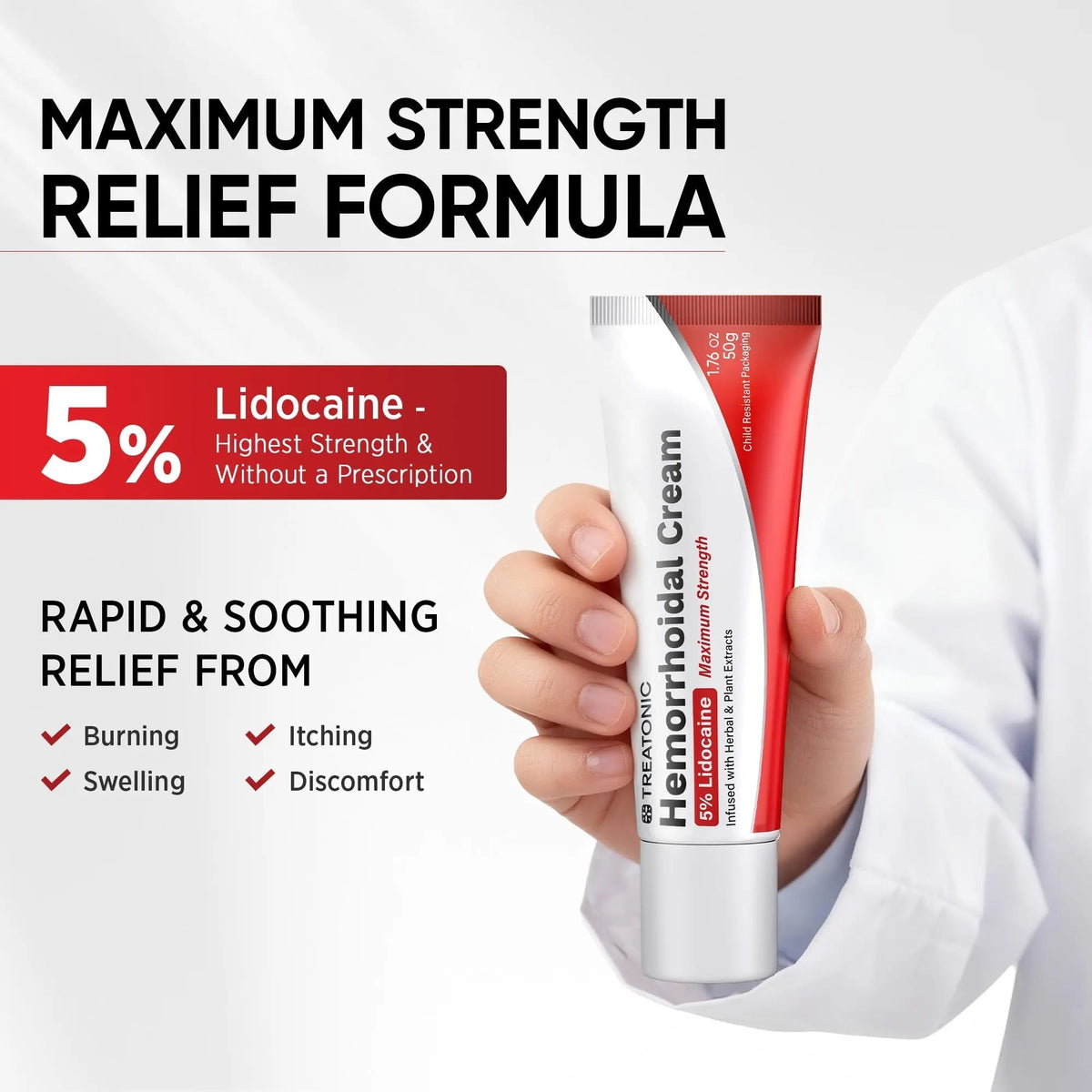 Treatonic Hemorrhoid Treatment Cream: 5% Lidocaine Hemorrhoid Cream for Numbing Relief of Pain, Burning, Itching, Discomfort, & Swelling - Fissure & Hemorrhoids - 1.76 oz Treatonic