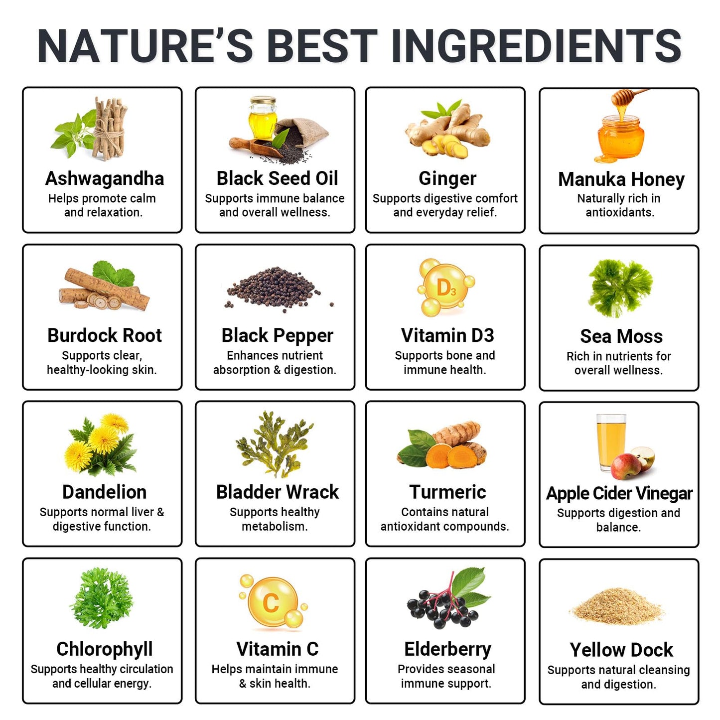 Sea Moss Gummies 16-in-1 - Ashwagandha Black Seed Oil Bladder Wrack Turmeric Vitamin C & D3 with Manuka Burdock Root Dandelion Yellow Dock Natural Detox & Liver Health Immune Support, Energy Boost GRGTP