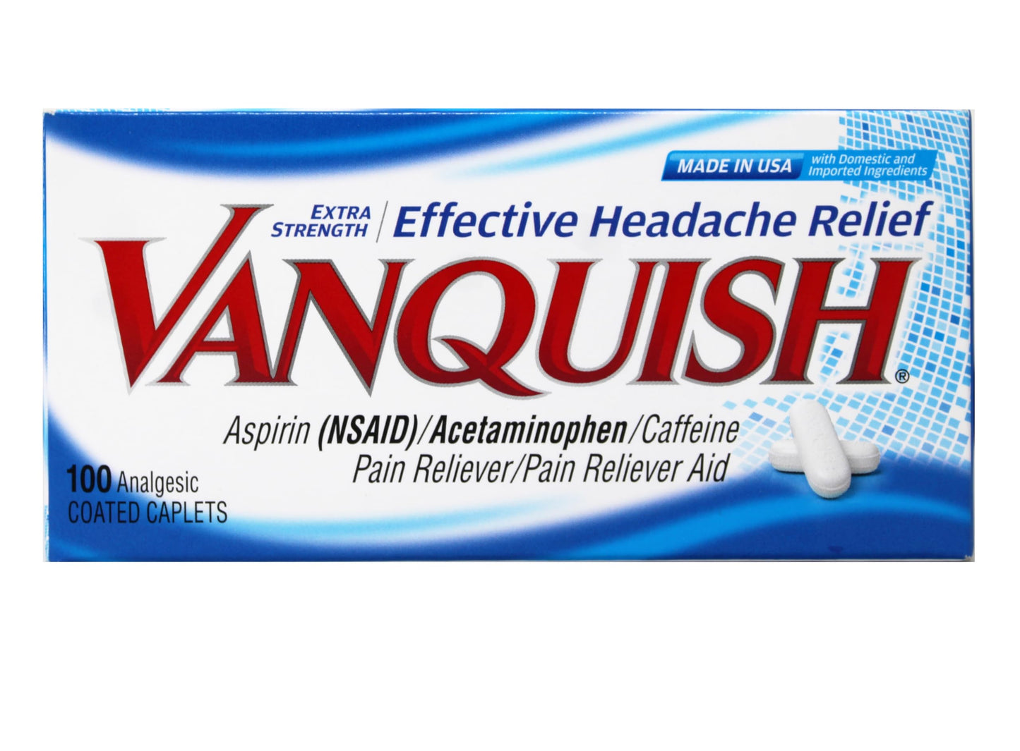 Vanquish Extra Strength Pain Reliever Headache Relief Aspirin Acetaminophen Caffeine 100 Coated Caplets (Pack of 2) Vanquish