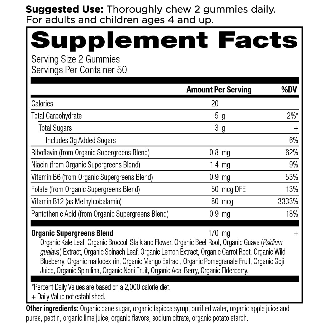 Ancient Nutrition Supergreens Gummy, Organic Superfood Gummy Made from Real Fruits, Vegetables and Herbs, for Digestive and Energy Support, 100 Count, Strawberry Watermelon Ancient Nutrition