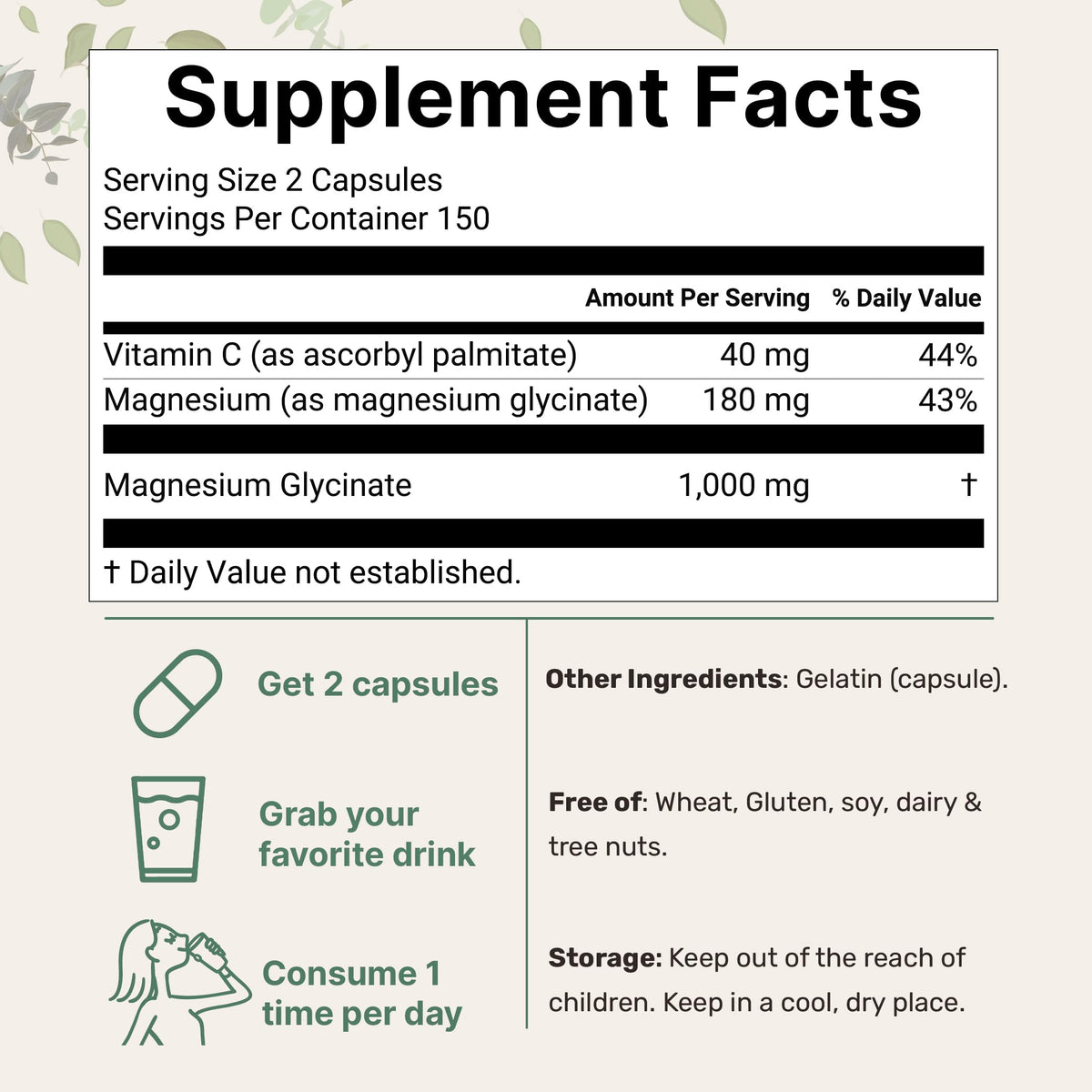 Pure Magnesium Glycinate 1,000mg, 300 Capsules | 100% Chelated for Max Absorption | Enhanced with Vitamin C | Only Uses Active Ingredients Micro Ingredients