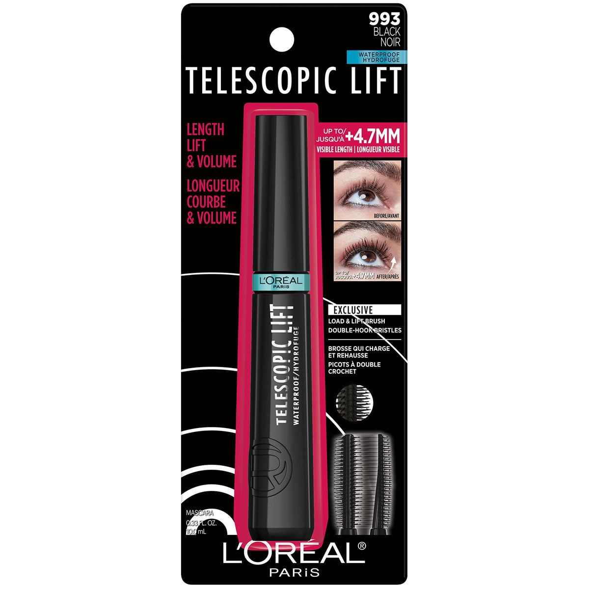 L'Oreal Paris Telescopic Lift Mascara, Lengthening and Volumizing Eye Makeup, Lash Lift with Up to 36HR Wear, Waterproof, Black, 0.33 Fl Oz L'Oreal Paris