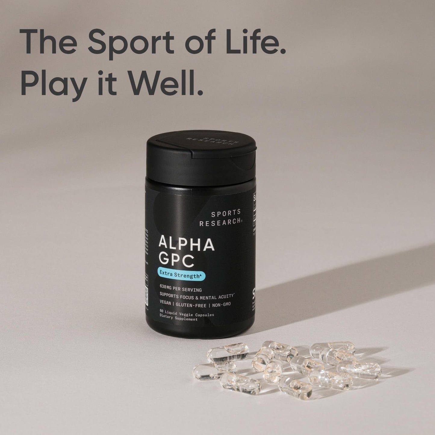 Sports Research® Alpha GPC 630mg (Extra Strength) - Bioavailable Source of Choline - Focus & Cognitive Support for Women & Men - Vegan Certified · Non-GMO · Gluten Free - 60 Liquid Capsules Sports Research