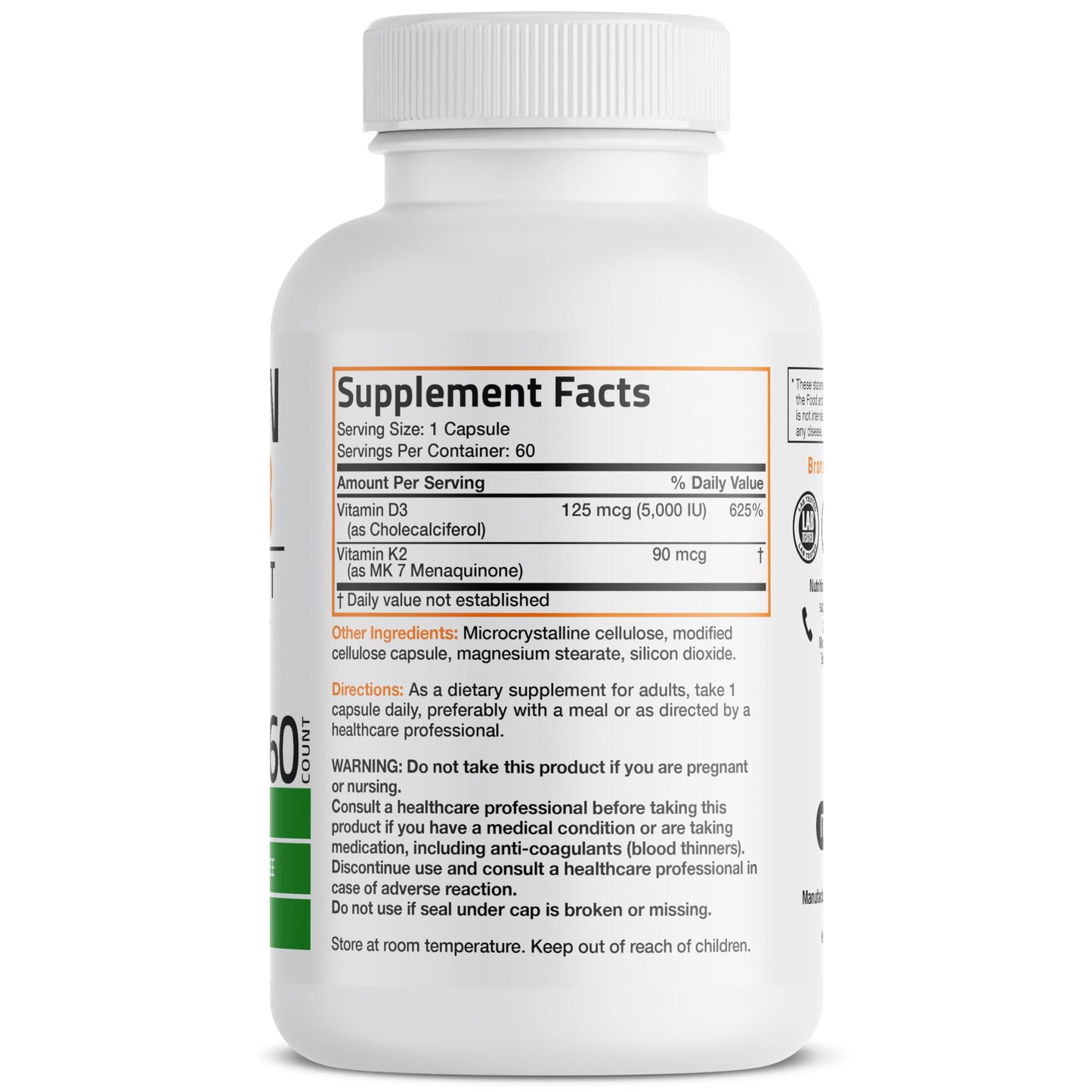 Bronson Vitamin K2 D3 (MK7) Supplement Non-GMO Formula Vitamin D3 5000IU (125 mcg) & 90 mcg K2 MK-7 Bronson