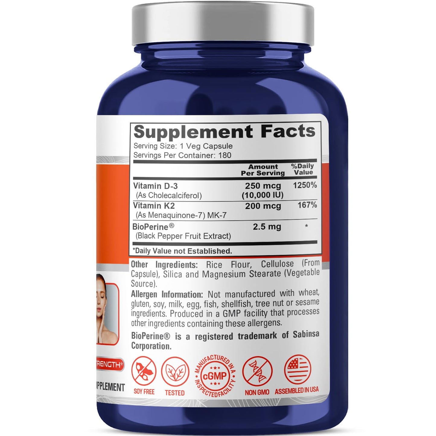 NusaPure Vitamin K2 (MK7) (200mcg) + Vitamin D3 (10000 IU) 180 Veg Caps - Bioperine, Soyfree, Non-GMO NusaPure