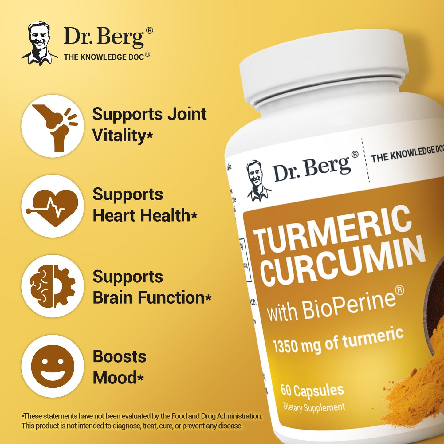Dr. Berg (Only 2 Per Day) Turmeric Supplement with Black Pepper (BioPerine) - 1350 mg Turmeric Curcumin Supplement with 95% Curcuminoids – Turmeric Curcumin with Black Pepper – 60 Turmeric Capsules Dr. Berg Nutritionals