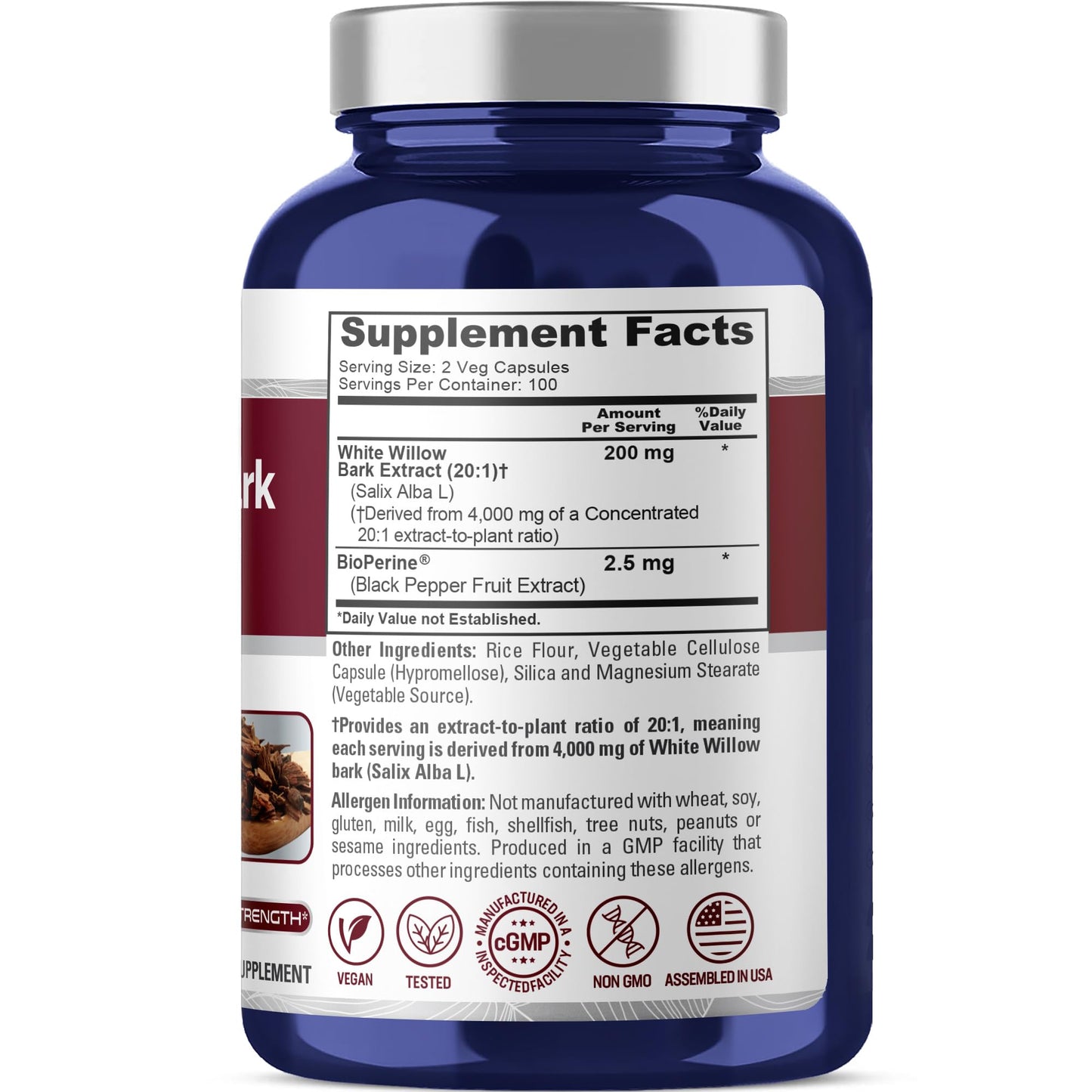 NusaPure White Willow Bark 20:1 Extract, 200 mg Equivalent to 4000mg, 200 Veggie Capsules, Max Strength, (Non-GMO, Vegan) NusaPure