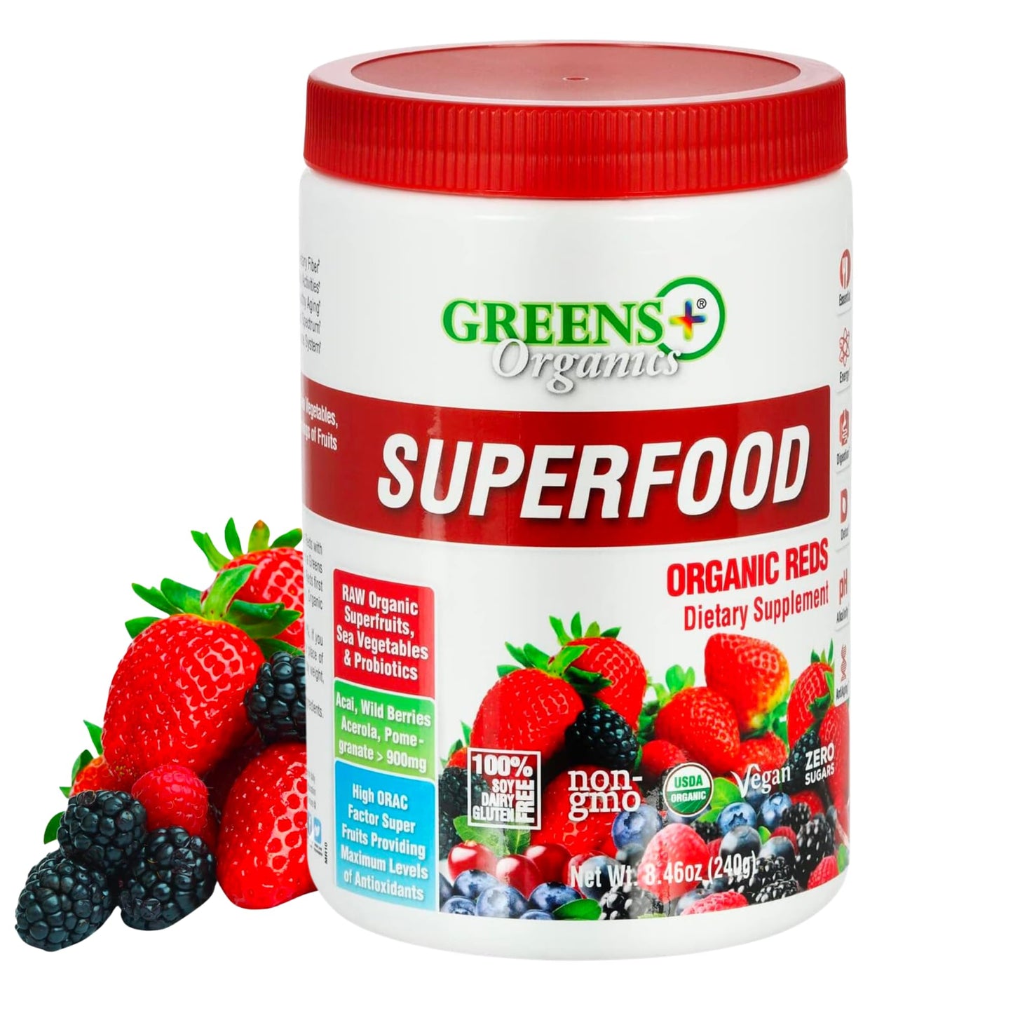 Greens+ Organic Reds Superfood Powder Camu Camu Dietary 400mg Vitamin C SuperFruit Supplement 120 Capsules, 100% Natural, Vitamins & Minerals, Vegan, Soy/Dairy/Gluten Free Greens+