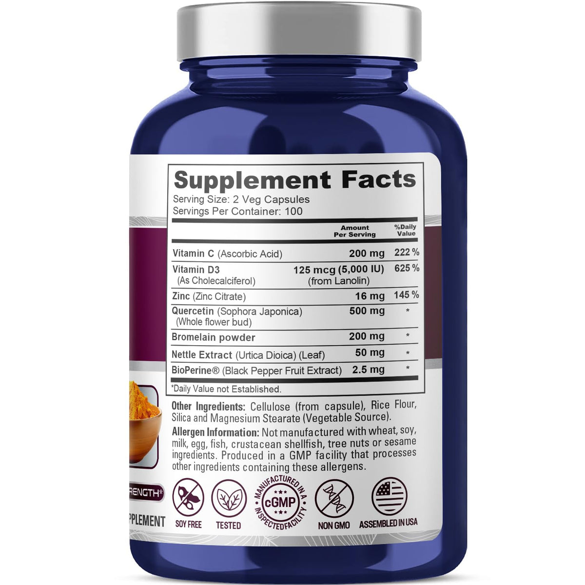 NusaPure Quercetin Complex: Bromelain, Vitamin C, Vitamin D3, Stinging Nettle, Zinc | 200 Veggie Caps (Non-GMO, Bioperine) NusaPure