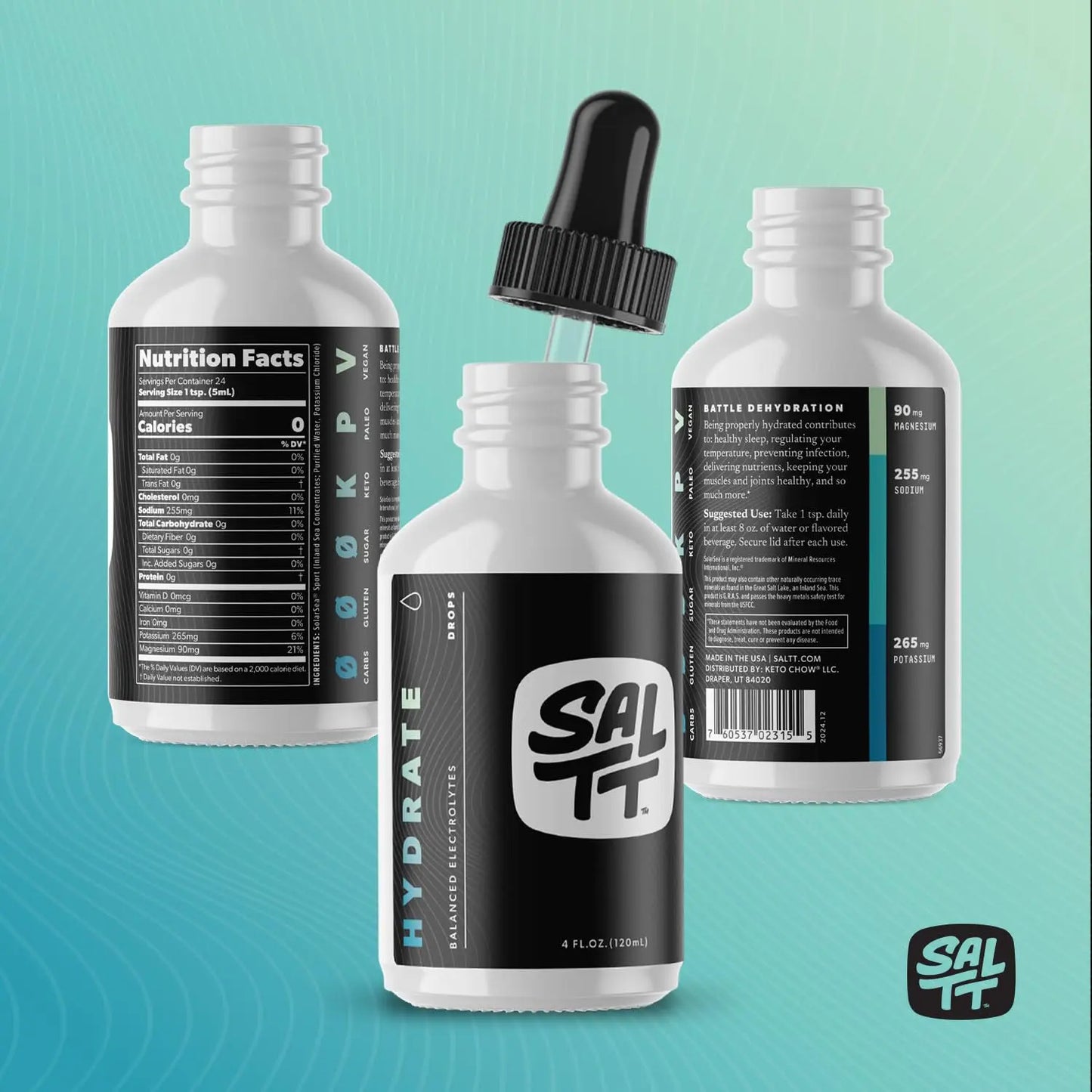 SALTT - Hydrate (4 oz) - Electrolytes Drops - Energy Boost - Sodium, Potassium, Magnesium, Zinc, Copper - Unflavored - Ultra Low Carb - Zero Sugar, Vegan, Keto Chow