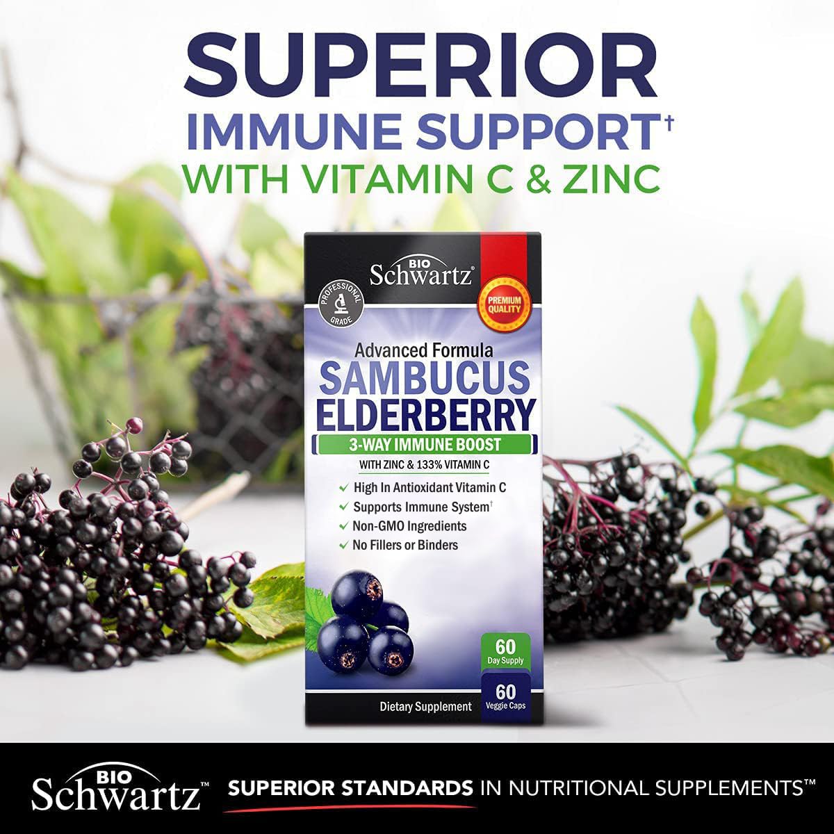 Elderberry Capsules with Zinc and Vitamin C for Adults - Immune Support Vitamins for Women and Men - Black Sambucus Elderberry Vitamin C and Zinc BioSchwartz