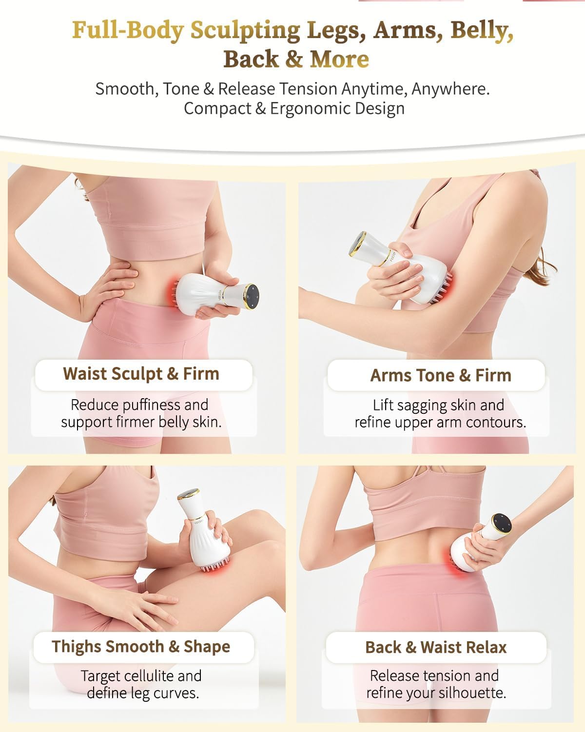 FEEJOY Lymphatic Drainage Massager & Massage Tool, Body Sculpting Machine & Fascia Blaster for Cellulite with Microcurrent, Light, Heat & Vibration, for Legs, Arms & Belly (White) FEEJOY