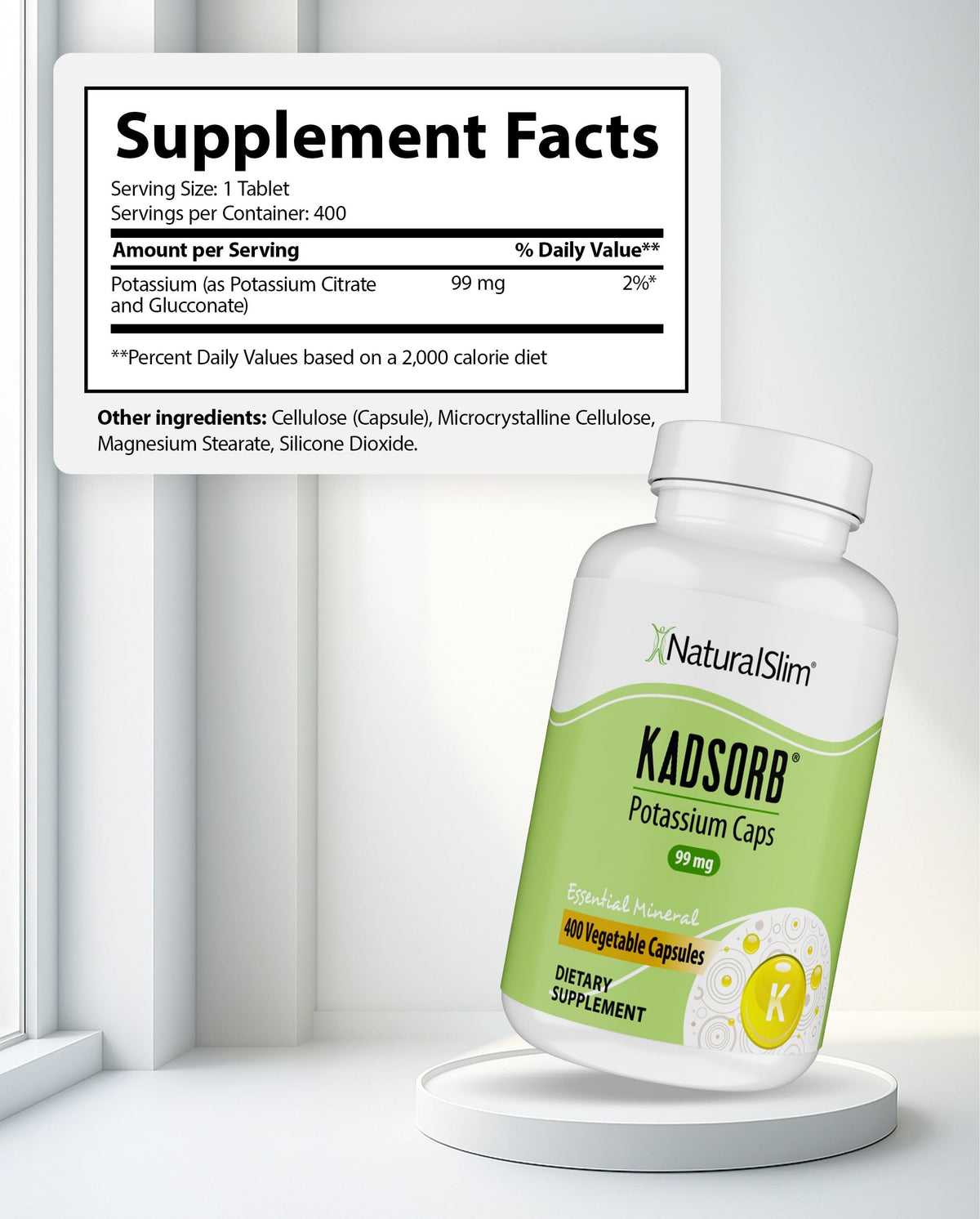 NaturalSlim Natural Potassium Citrate Gluconate 99 mg - Kadsorb Supports Electrolyte Balance & Normal pH - Absorbable Potassium Supplements NaturalSlim