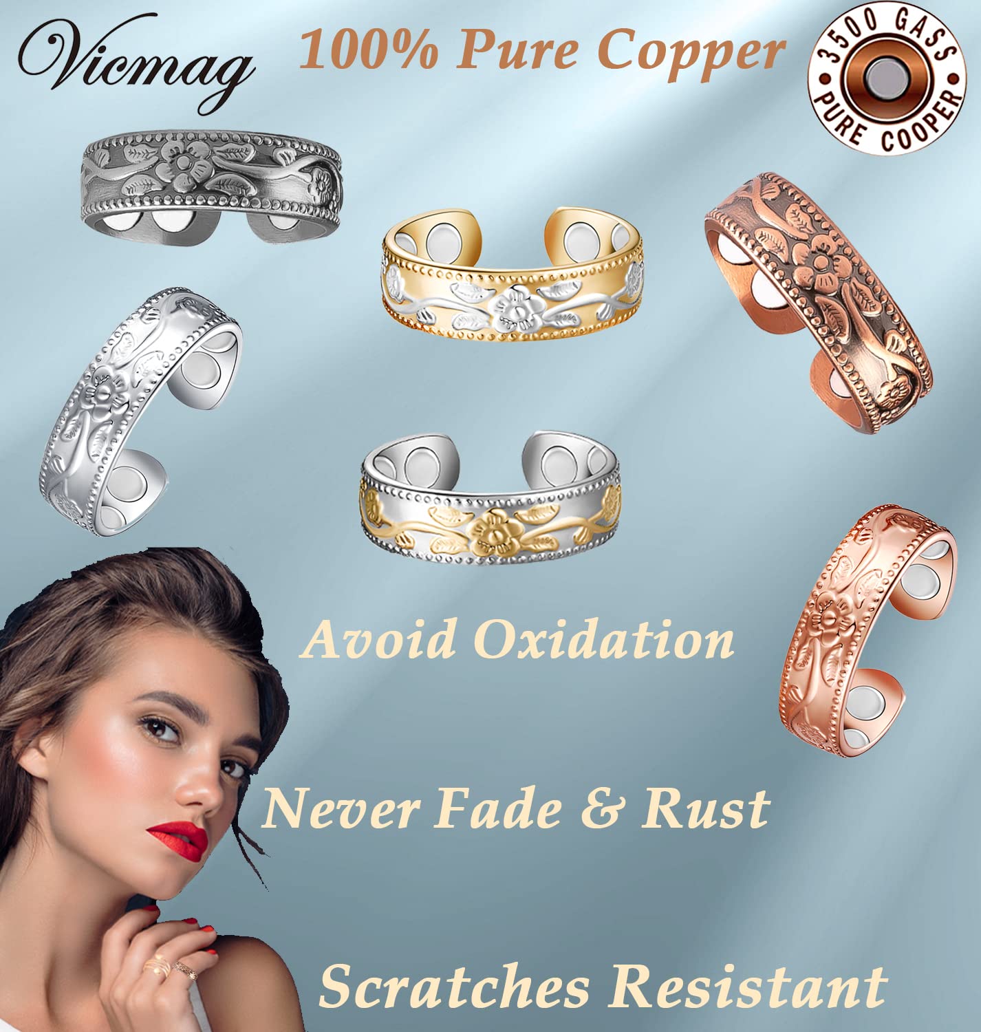 Vicmag Copper Magnetic Ring for Women Men 100% Solid Pure Copper Adjustable with Jewelry Gift Box Vicmag