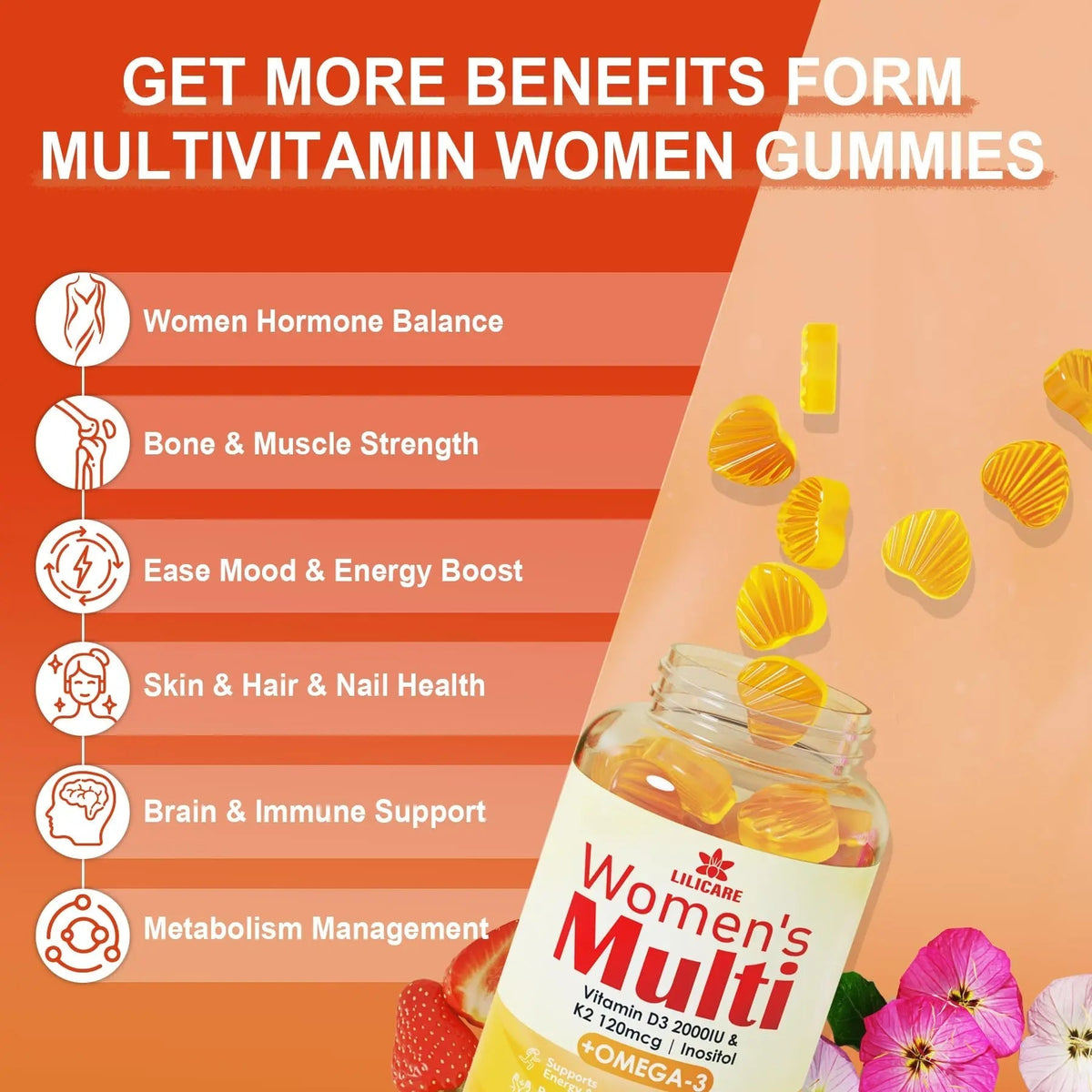 LILICARE Womens Multivitamin Gummies Vegan Omega3 Gummies 1280mg LILICARE