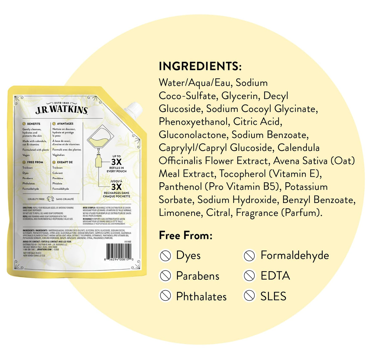 J.R. Watkins Moisturizing Foam Hand Soap Refill 2 Pack, Lemon, 28 fl oz J.R. Watkins