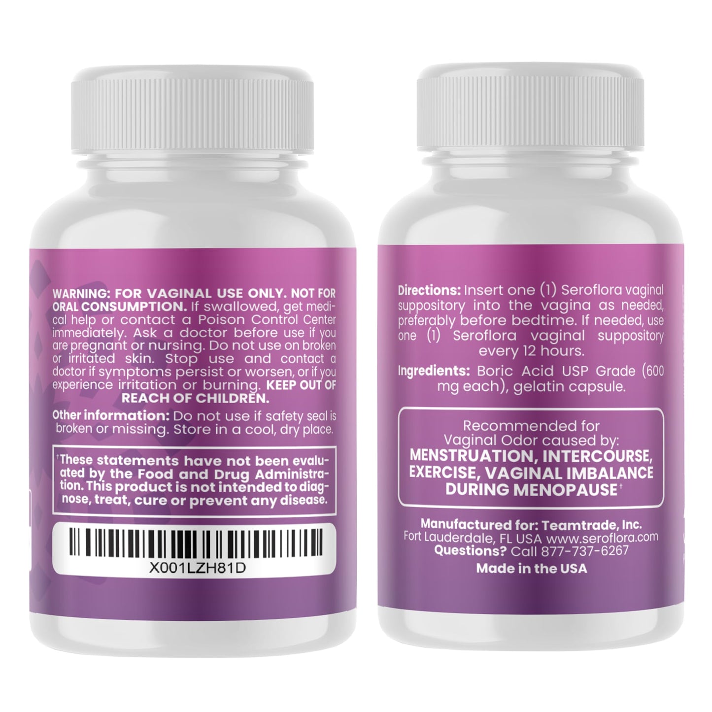 Seroflora Boric Acid 600mg Feminine Capsules, Feminine pH Support, Intimate Freshness for Women, Fast-Dissolving Capsules (30 Count) with Applicators (28 Count) SEROVERA