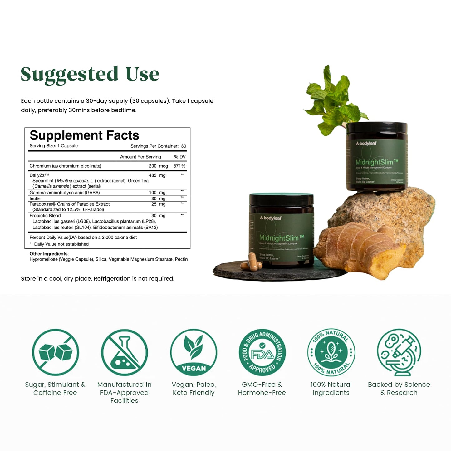 MidnightSlim™ | Advanced Nighttime Weight | Maximum Strength Metabolism Support, Digestive Health, Peaceful Sleep | Premium Probiotic Complex | 30 Capsules Body Leaf