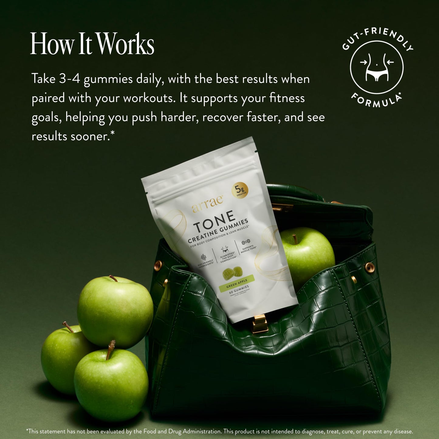 Arrae Tone Gummies – Creatine Monohydrate 5g for Women – Support Lean Muscle, Strength & Recovery – Hormone-Friendly Muscle Toning Supplement – Sour Green Apple Flavor – 60 Count (Sour Green Apple) Arrae