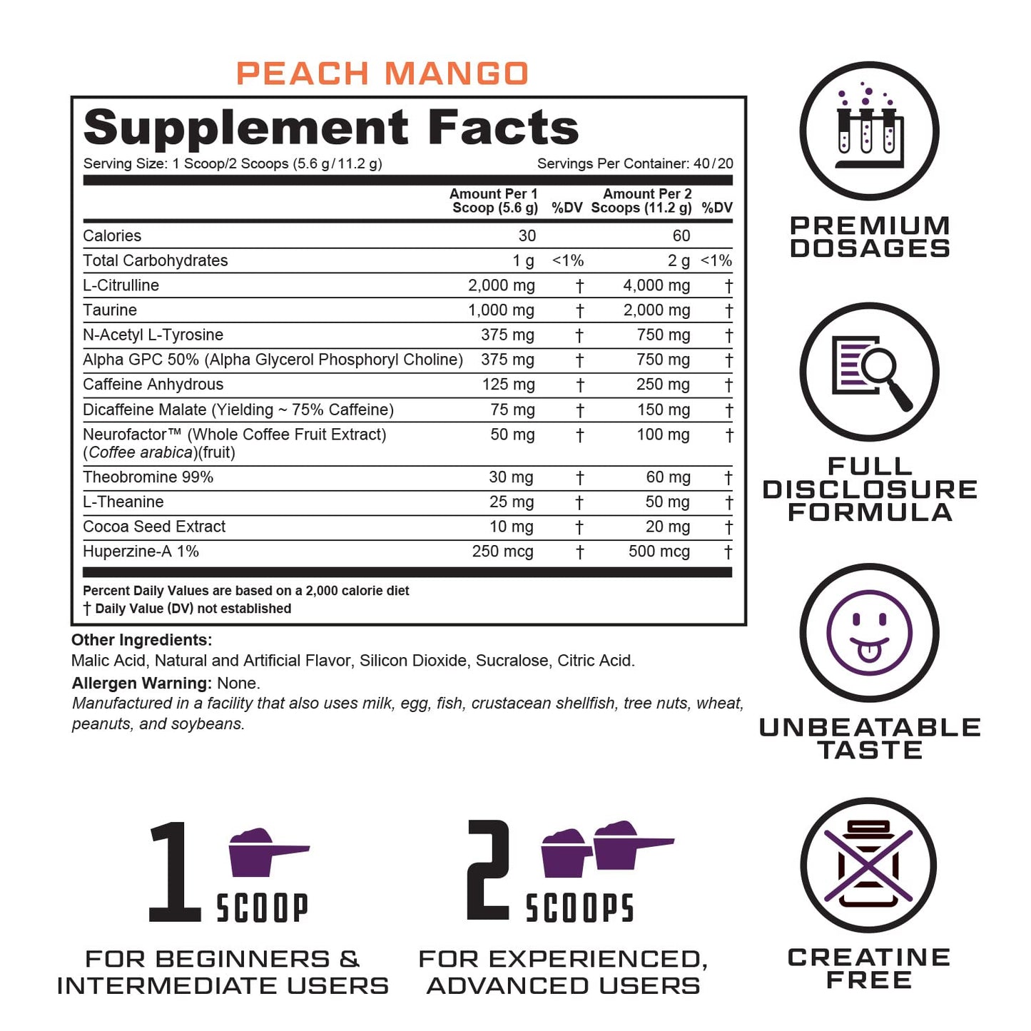 Prevail Pre Workout Powder with Nootropics: Pre Workout for Men and Women, Cutting Edge Energy and Focus Supplement with L Citrulline, Alpha GPC, L Tyrosine, Neurofactor | Peach Mango, 40 Servings Cutler Nutrition