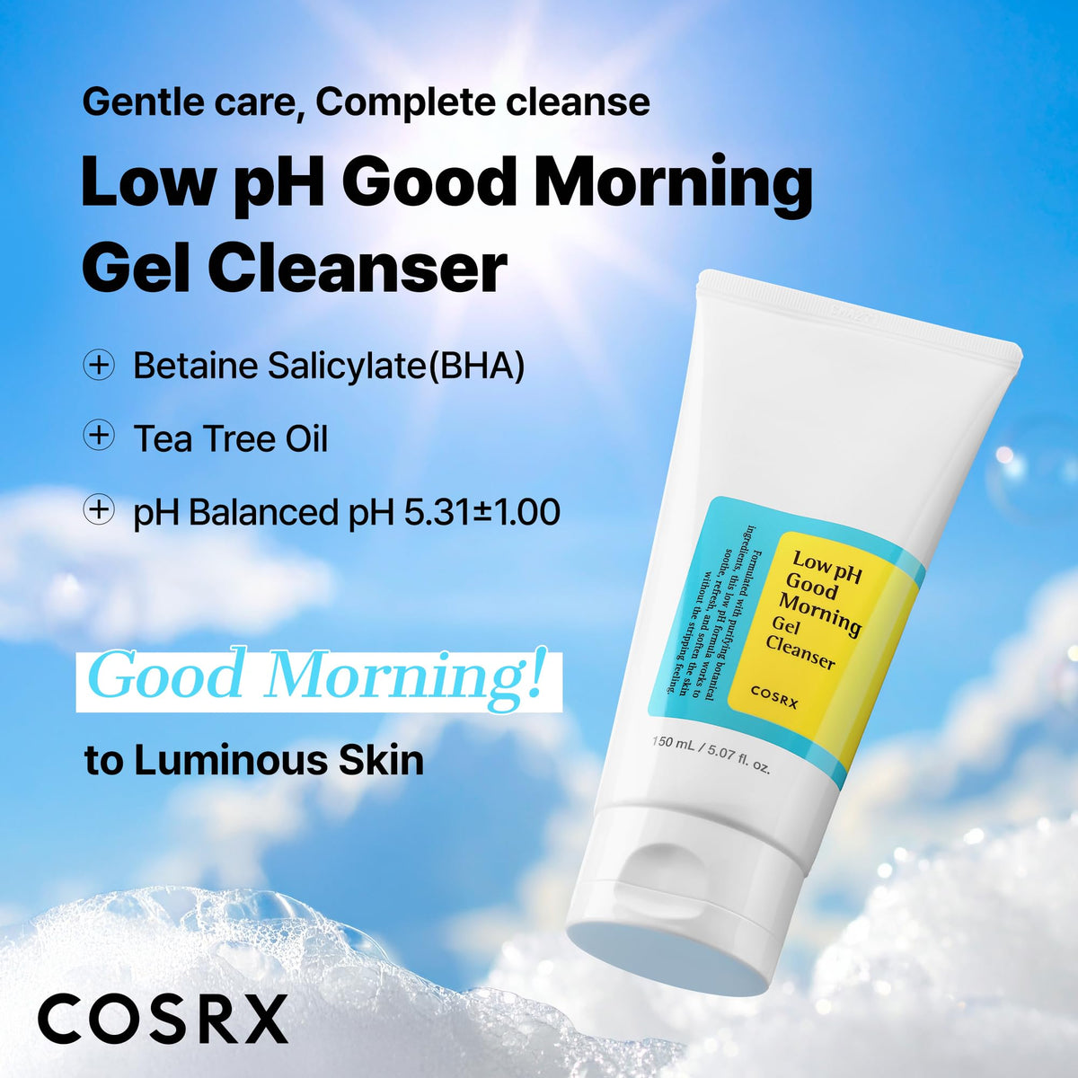 COSRX Low pH Good Morning Gel Face Cleanser, 5.07 fl oz, BHA Face Wash, Daily Mild Face Cleanser for Sensitive Skin COSRX
