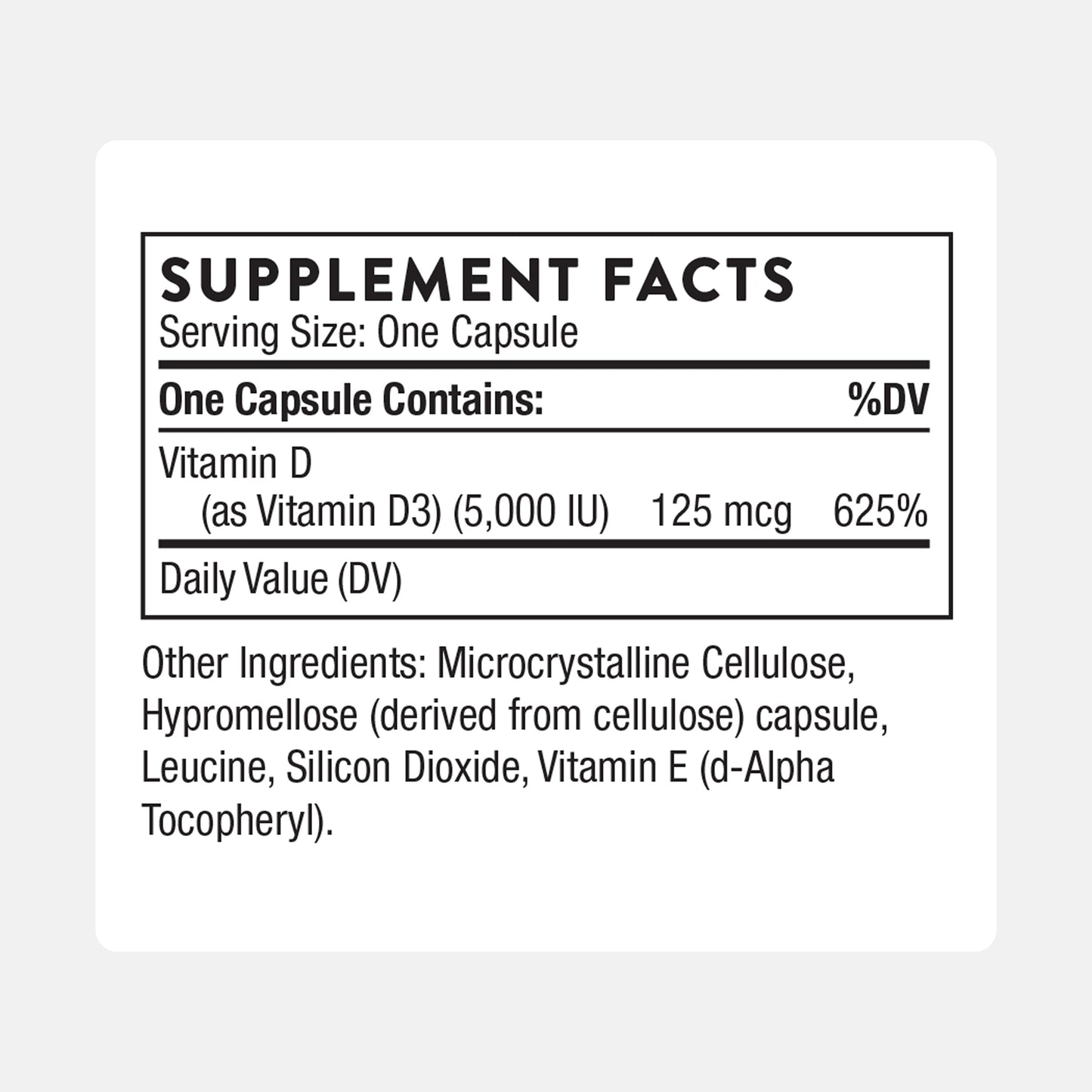THORNE - Vitamin D-5000 - Vitamin D3 Supplement - Support Healthy Bones, Teeth, Muscles, Cardiovascular & Immune Function* - NSF Certified for Sport - Gluten-Free, Soy-Free - 60 Servings THORNE