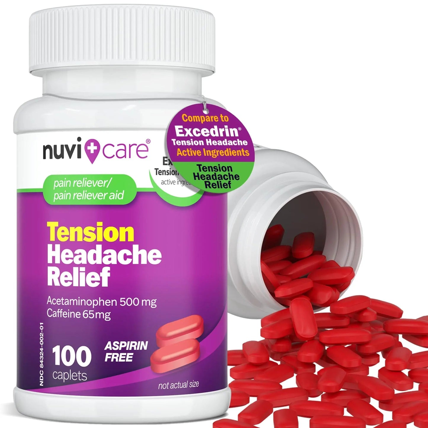 Nuvicare Tension Headache Relief Pills with 500mg Acetaminophen and 65mg Caffeine - Non Aspirin Pain Reliever Aid - Compare to Active Ingredient in Aspirin Free Excedrin Tension Headache (100 Caplets) NUVICARE