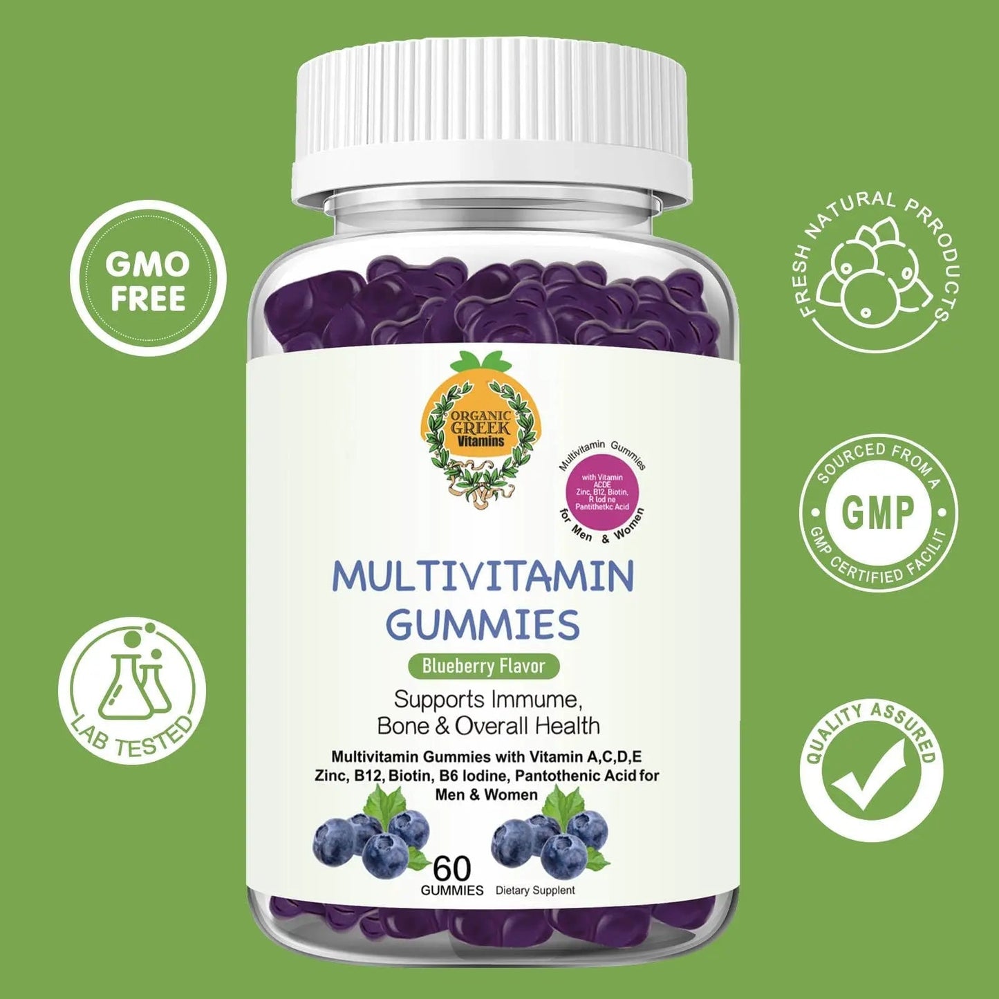 Organic Greek® Multivitamin Gummies with Vitamin A, C, D, E, Zinc, B12, Biotin, B6, Iodine, Pantothenic Acid for Men & Women Organic Greek