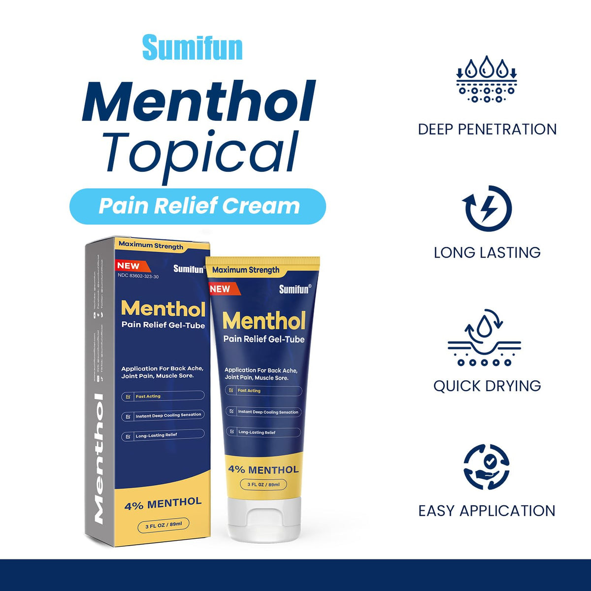 Sumifun Menthol Pain Relief Gel-Tube-3 FL OZ Tube (Pack of 1)- for Knee & Lower Back Pain Relief, Sore Muscle Relief, Neck Pain Relief, Shoulder Pain Relief Sumifun