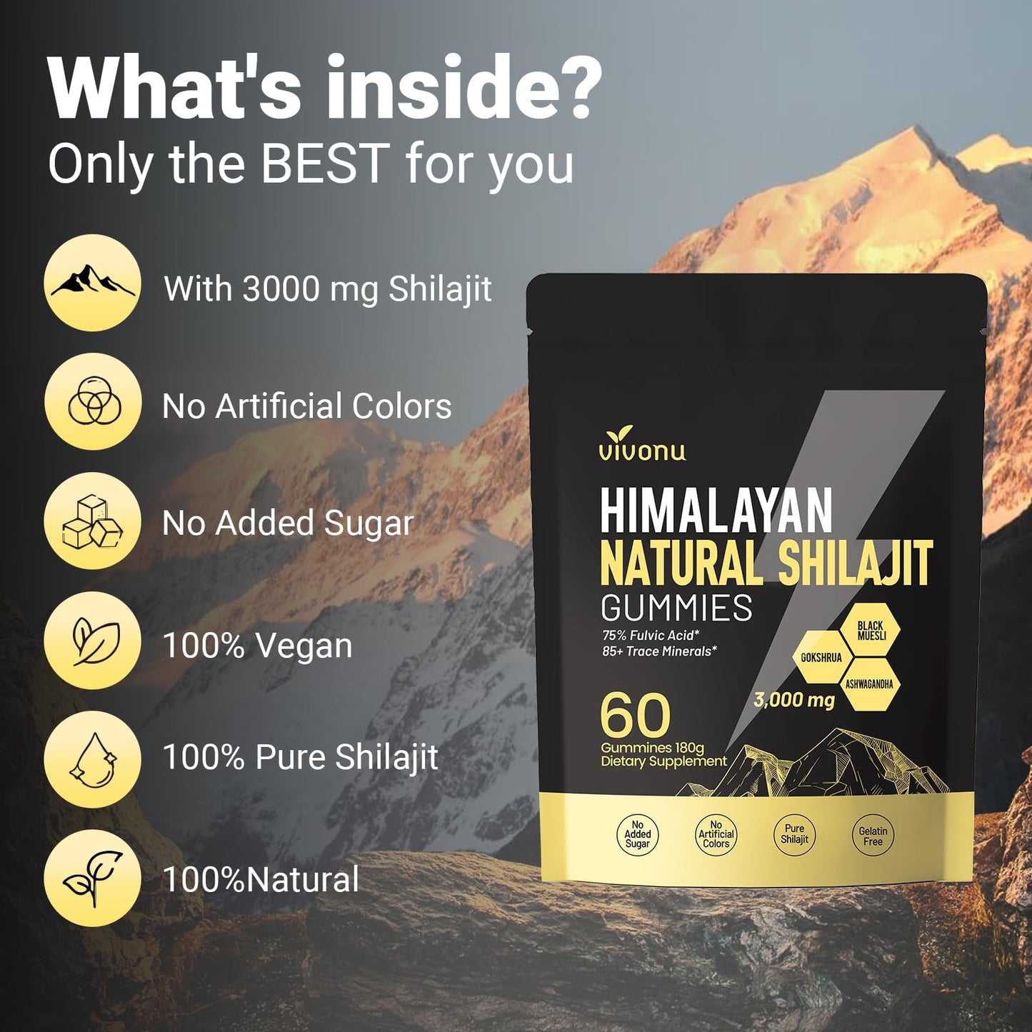 Himalayan9 Shilajit Gummies with Ashwagandha & Gokshura | 85+ Trace Minerals & Fulvic Acid | Organic, Non-GMO Micronutrient Supplement VivoNu