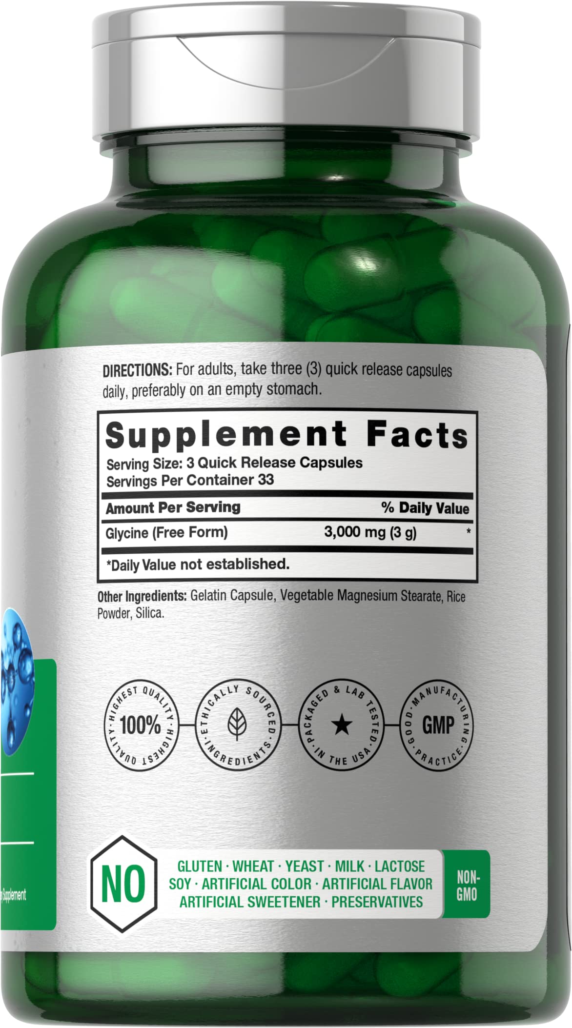 Glycine 3000 mg 100 Capsules | Non-GMO, Gluten Free Glycine Supplement | by Horbaach Horbäach