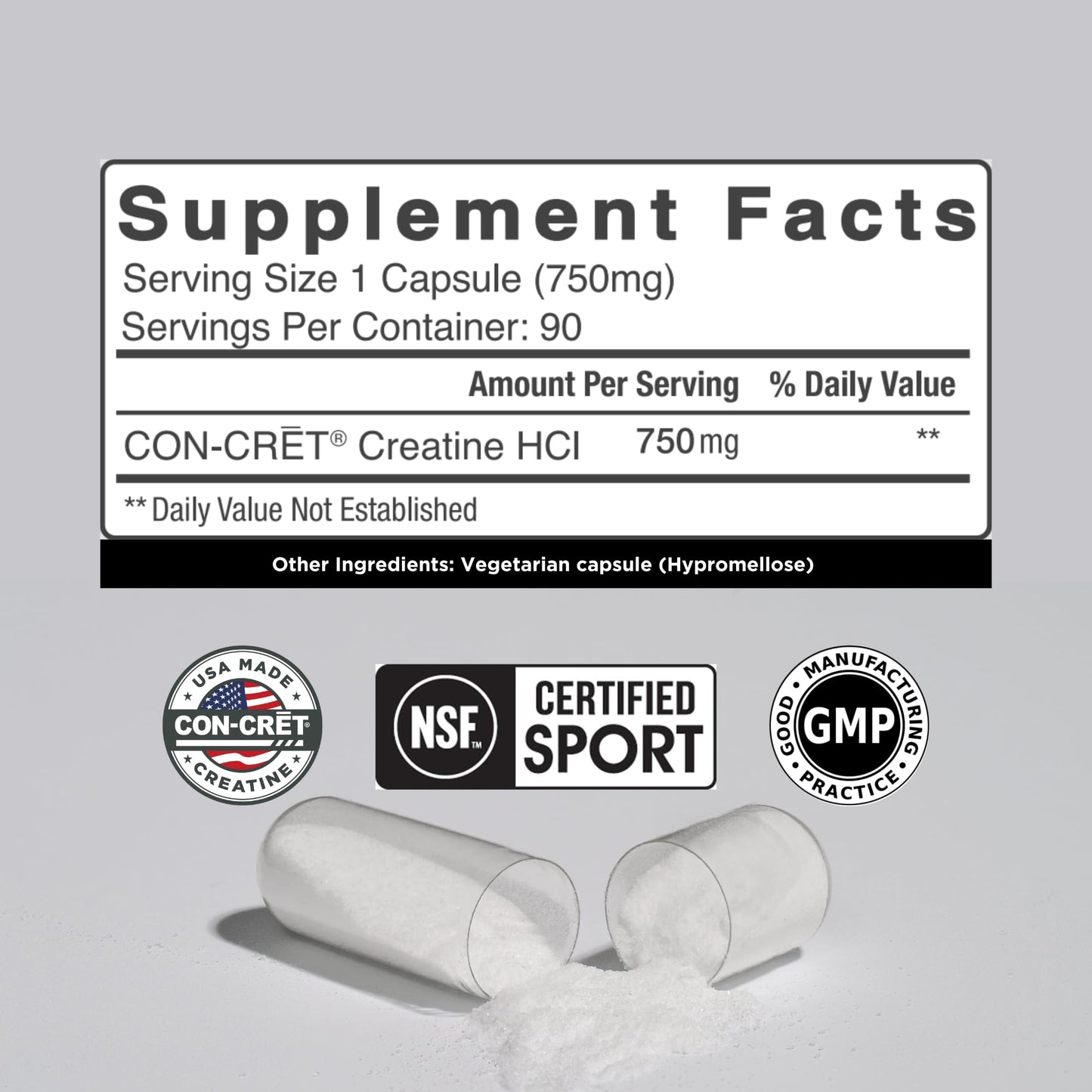 CON-CRET Creatine HCl Capsules | Muscle, Cognitive, Cellular Energy Support | No Bloating or Cramps | USA Made & NSF Certified CON-CRET