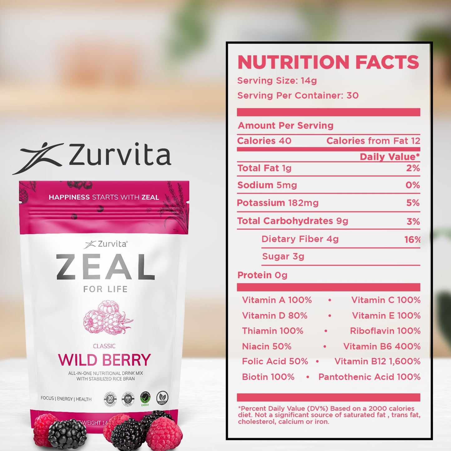 Zurvita - Zeal for Life 30-Day Wellness Bag - Wild Berry (Classic) - Nutritional Supplement for Vitality, Immunity, and Wellness - 420 Grams Zurvita