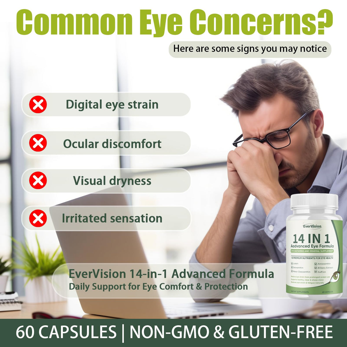 EVERVISION 14 in 1 Advanced Eye Formula, Eye Vitamin and Mineral Supplement with Zinc, Lutein, Zeaxanthin & Bilberry Extract, 60ct EVERVISION
