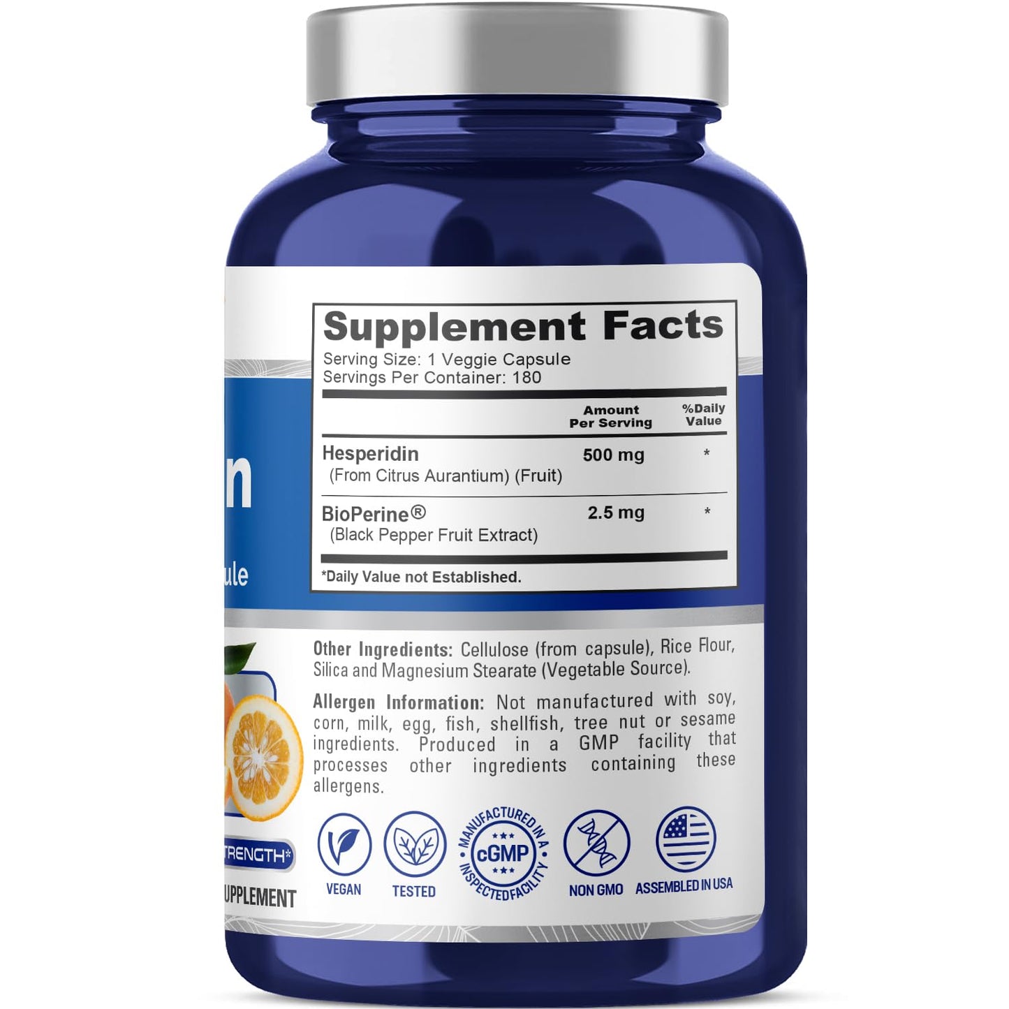 NusaPure Hesperidin 500 mg per Veggie Caps - 180 Capsules (BioPerine, High Absorption, Non-GMO) NusaPure