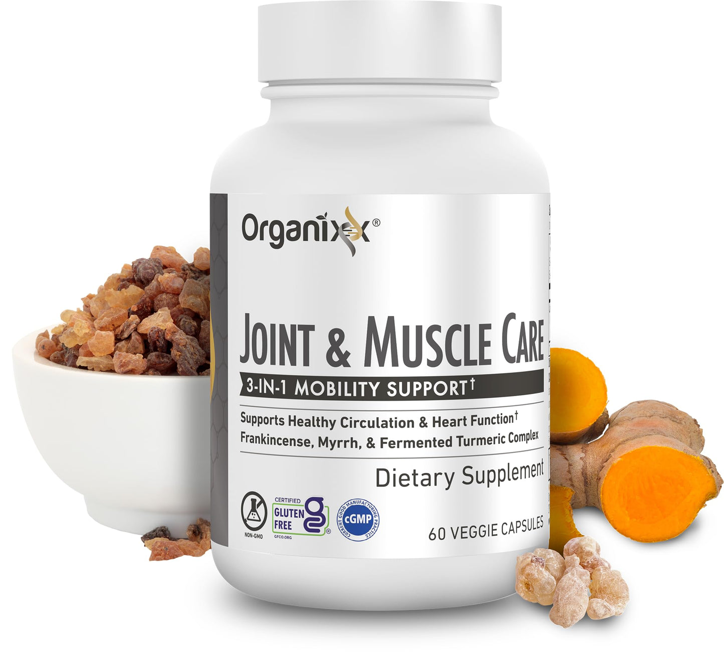 Organixx Joint & Muscle Care Organic Turmeric Supplement, 3-in-1 Frankincense, Turmeric and Myrrh Joint Health & Joint Support Supplement Body Care Capsules, Supports Swelling, Tension, 60 Capsules Organixx
