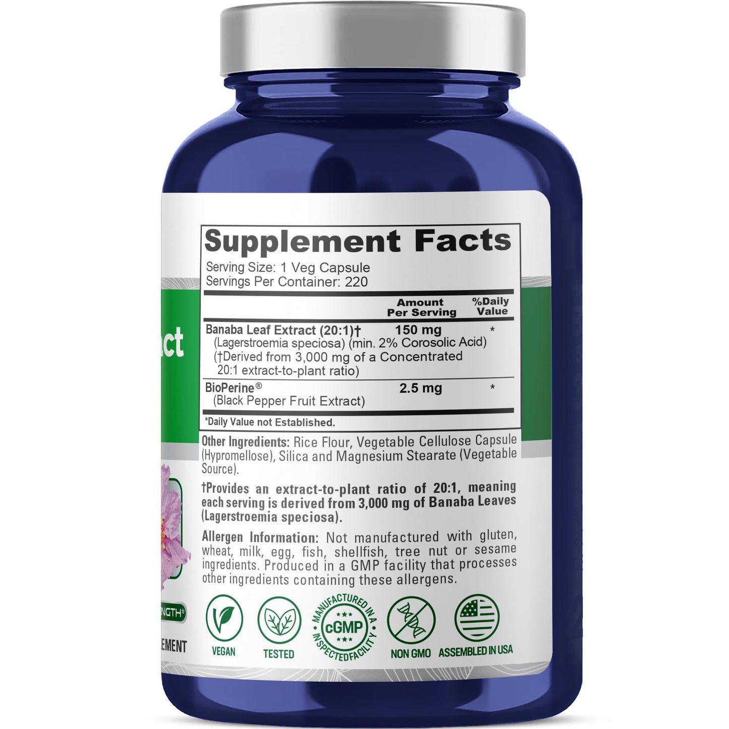 NusaPure Banaba Leaf 20:1 Extract, 150 mg Equivalent to 3,000mg Veg Caps, 220 Days Supply (Non-GMO & Vegan) 2% Corosolic Acid NusaPure