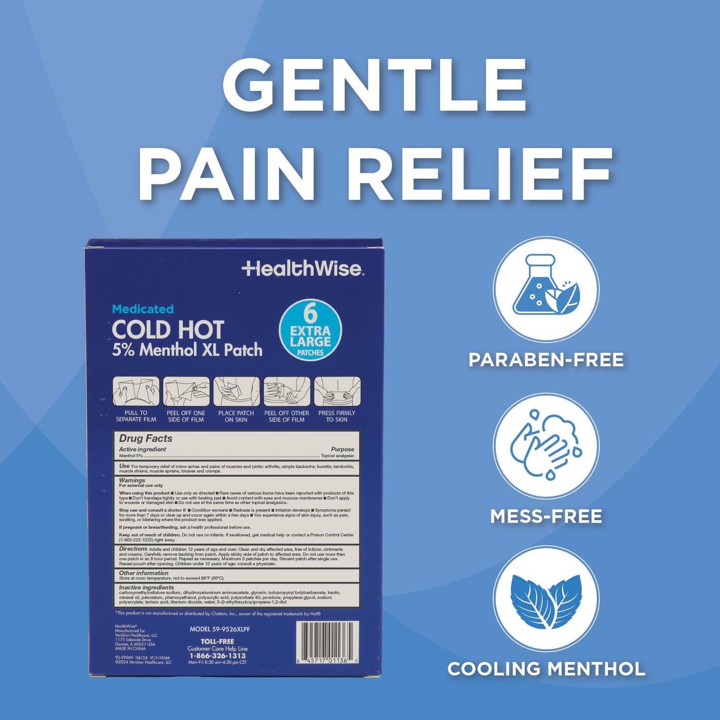 HealthWise Cold Hot Medicated Menthol XL Patch | 5% Menthol | Back and Large Areas | 5.51” x 9.84” | 6-Count | Paraben-Free | Soothes Minor Aches and Pains | Super-Size Relief HealthWise