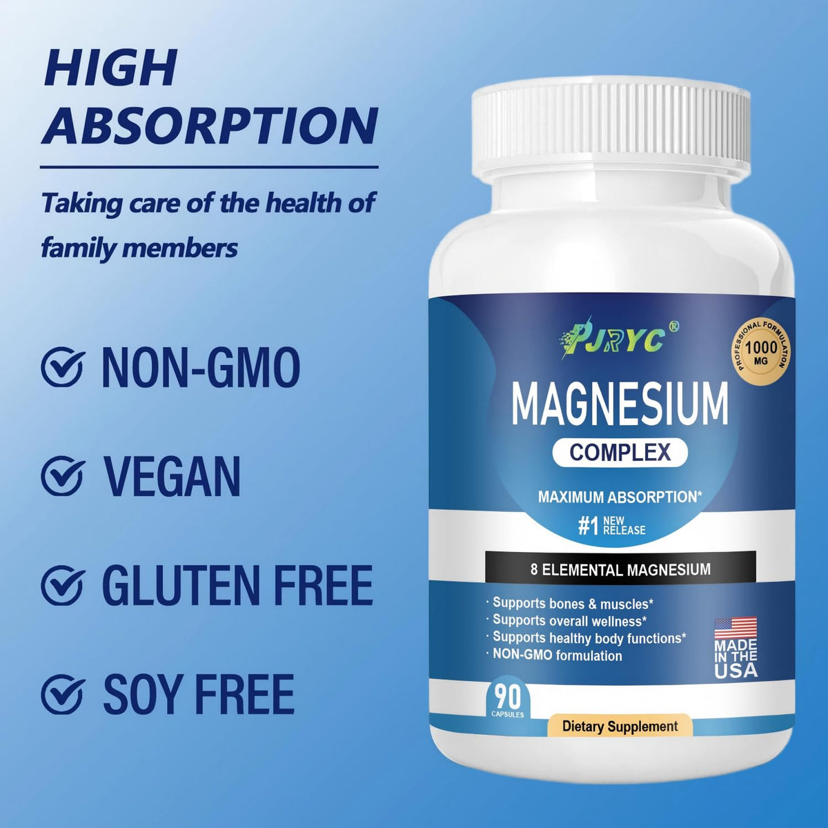 Magnesium Complex Supplement - 1000mg with 8 Magnesium Forms: Glycinate, Citrate, Malate, Taurate & Orotate - Supports Muscle Function, Bone Strength & Relaxation - Vegan, Non-GMO - 180 Capsules PJRYC