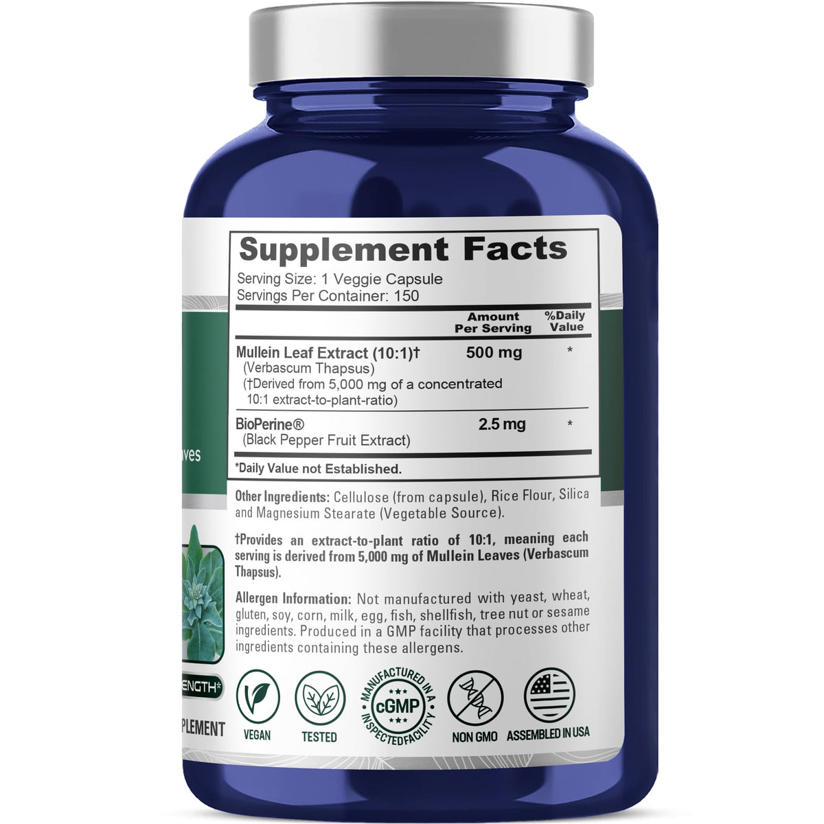 NusaPure Mullein Leaf Capsules 10:1 Extract, 500 mg Equivalent to 5,000 mg per Veggie Caps - 150 Count - Verbascum Thapsus (Non-GMO, Vegan) Dietary Supplement NusaPure