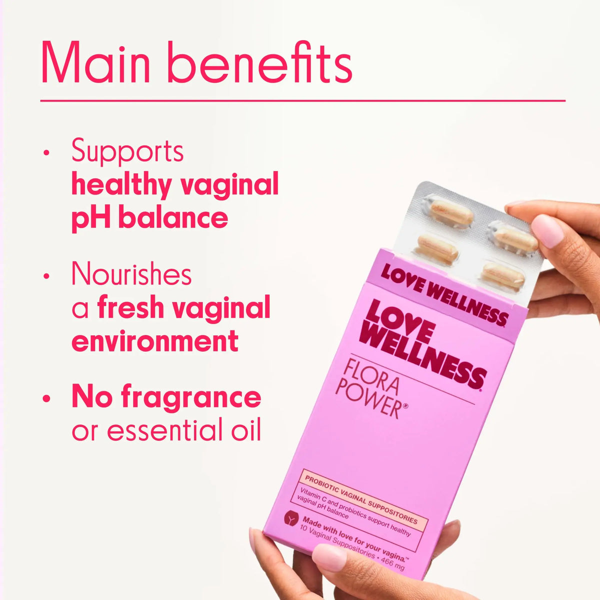 Love Wellness Flora Power | Vaginal Probiotic Suppositories with Vitamin C | Supports pH Balance & Vaginal Health | Fragrance-Free, Non-GMO & Paraben-Free | 10 Count Love Wellness