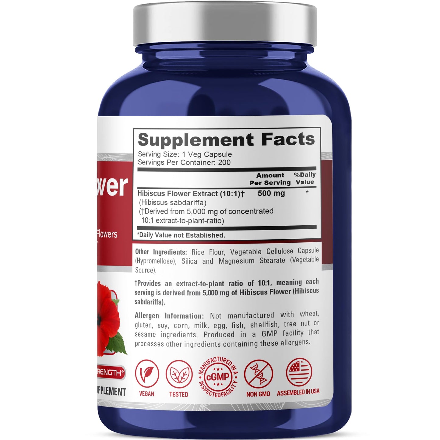 NusaPure Hibiscus Flower 10:1 Extract, 500 mg Equivalent to 5000mg 200 Vegetarian Caps (Non-GMO, Vegan) NusaPure